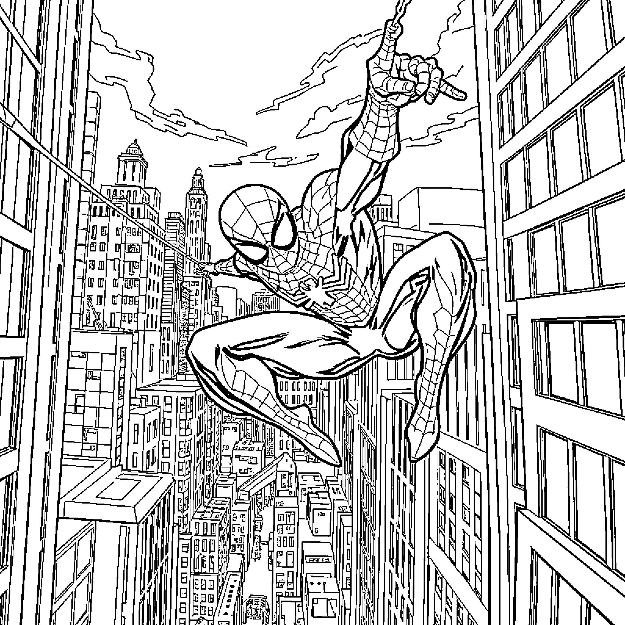 Spiderman swinging through the city skyline Coloring Page (free black-and-white line drawing printable PDF for all, from beginners to advanced learners, including children, teens, adults, and seniors)