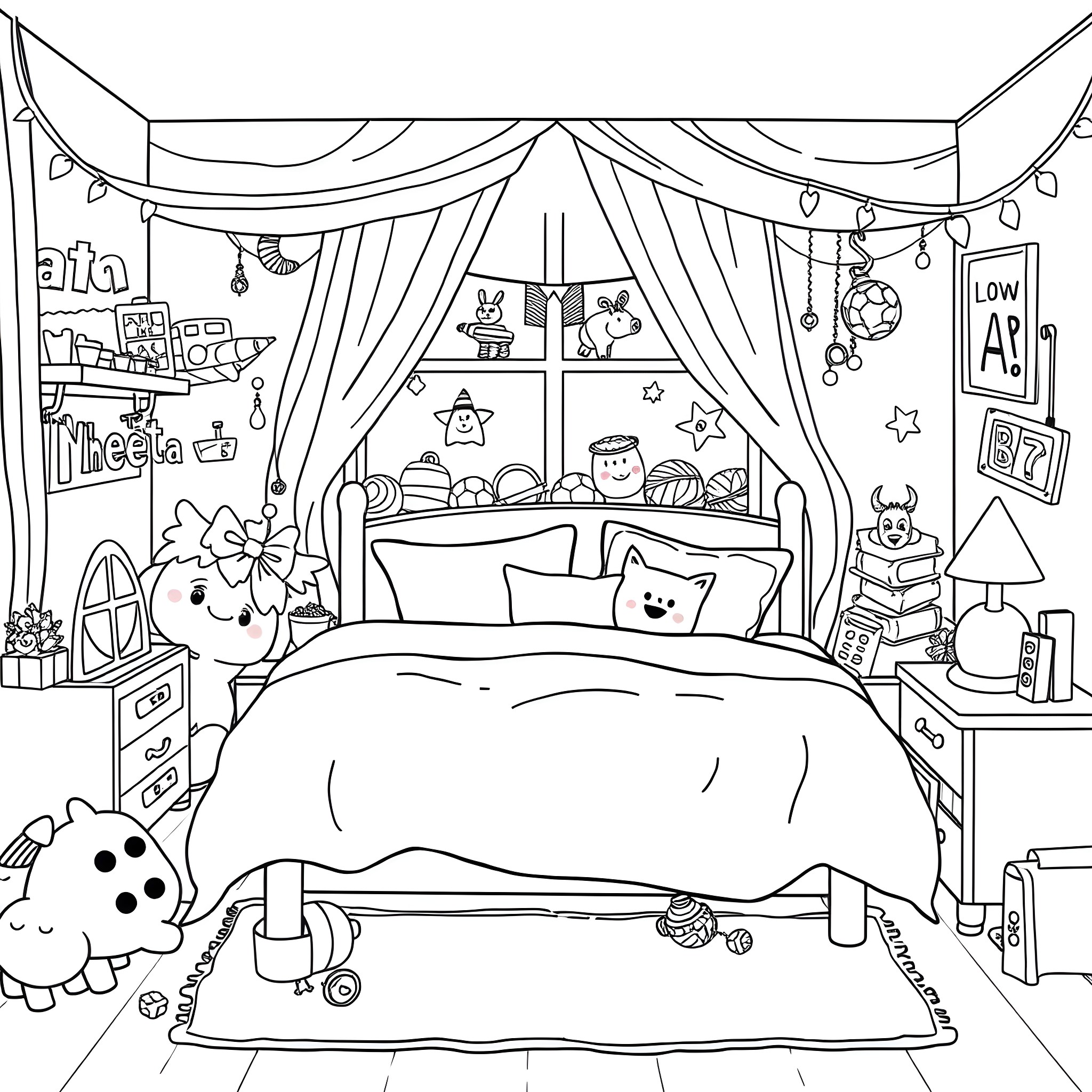 Roy's Bedoys' Cozy and Playful Bedroom Coloring Page (free black-and-white line drawing printable PDF for all, from beginners to advanced learners, including children, teens, adults, and seniors)