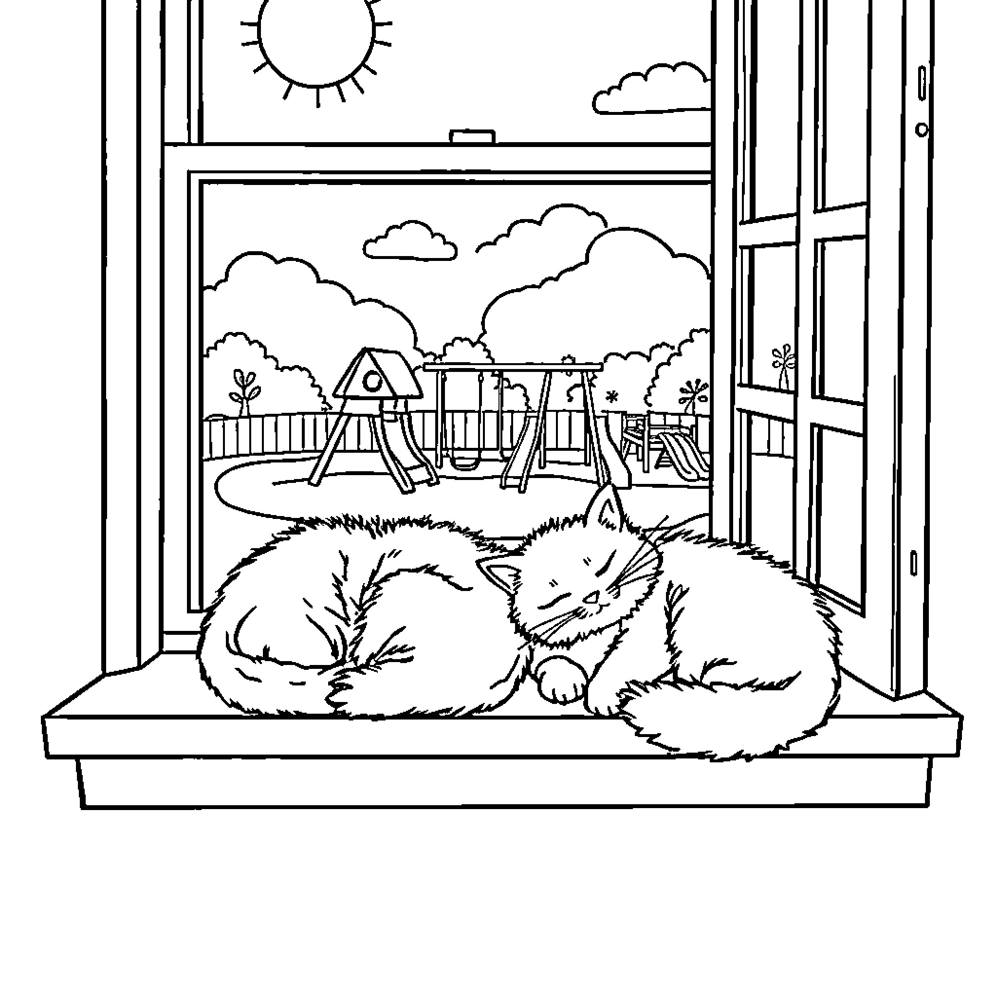 Cat napping in a window overlooking a playground Coloring Page (free black-and-white line drawing printable PDF for all, from beginners to advanced learners, including children, teens, adults, and seniors)