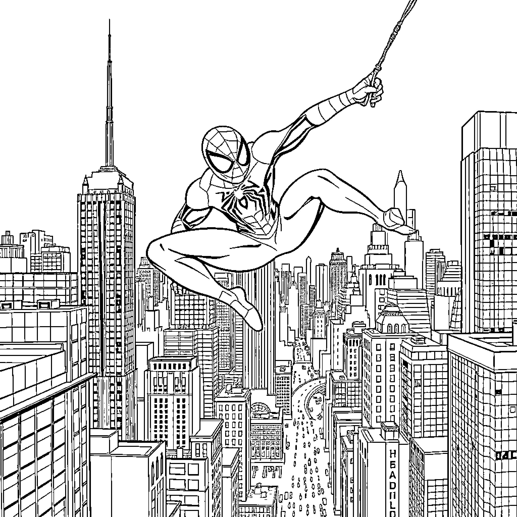 Spiderman swinging above the city skyline Coloring Page (free black-and-white line drawing printable PDF for all, from beginners to advanced learners, including children, teens, adults, and seniors)