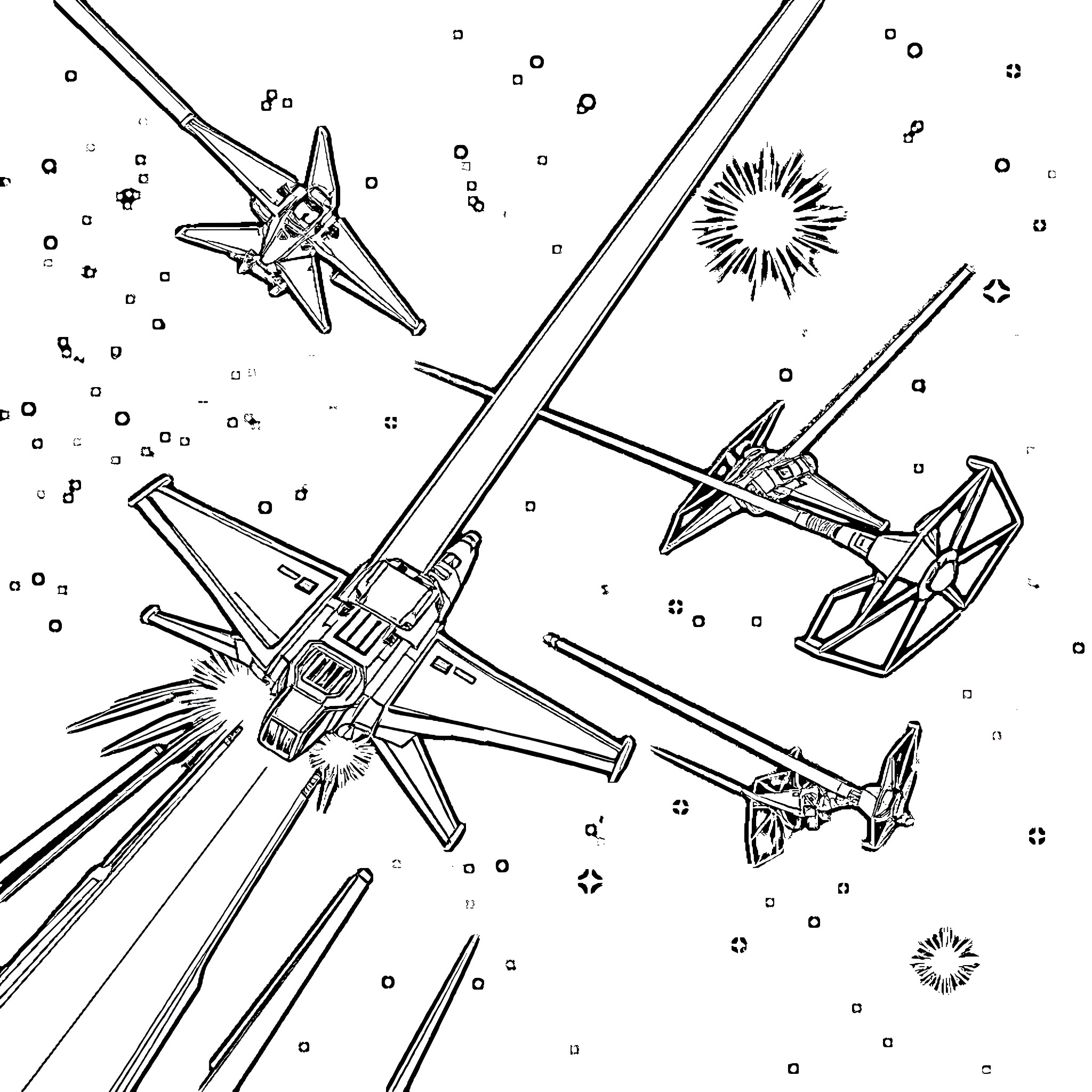 X-fighter ships battling in outer space Coloring Page (free black-and-white line drawing printable PDF for all, from beginners to advanced learners, including children, teens, adults, and seniors)