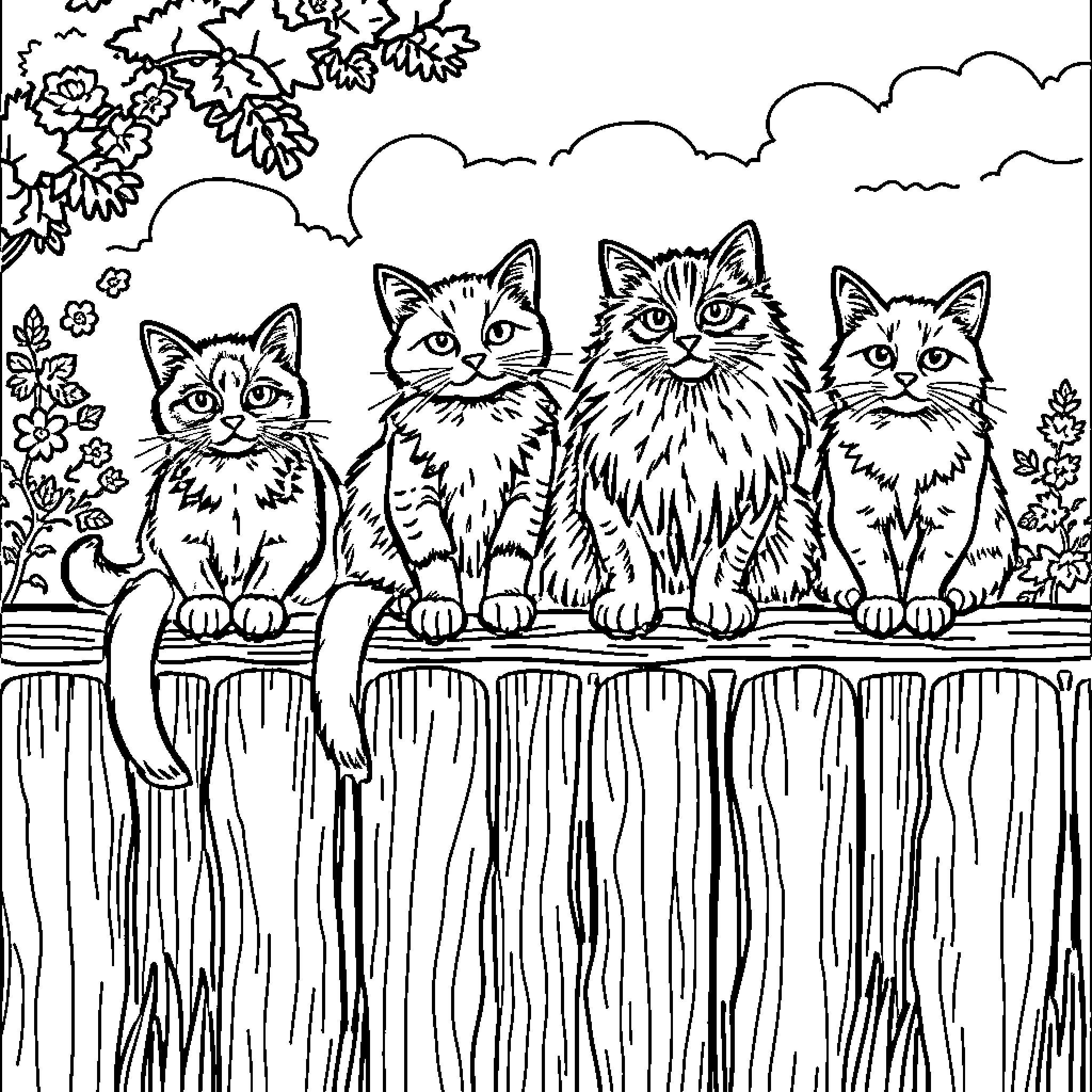 Cats sitting on a fence surrounded by flowers Coloring Page (free black-and-white line drawing printable PDF for all, from beginners to advanced learners, including children, teens, adults, and seniors)