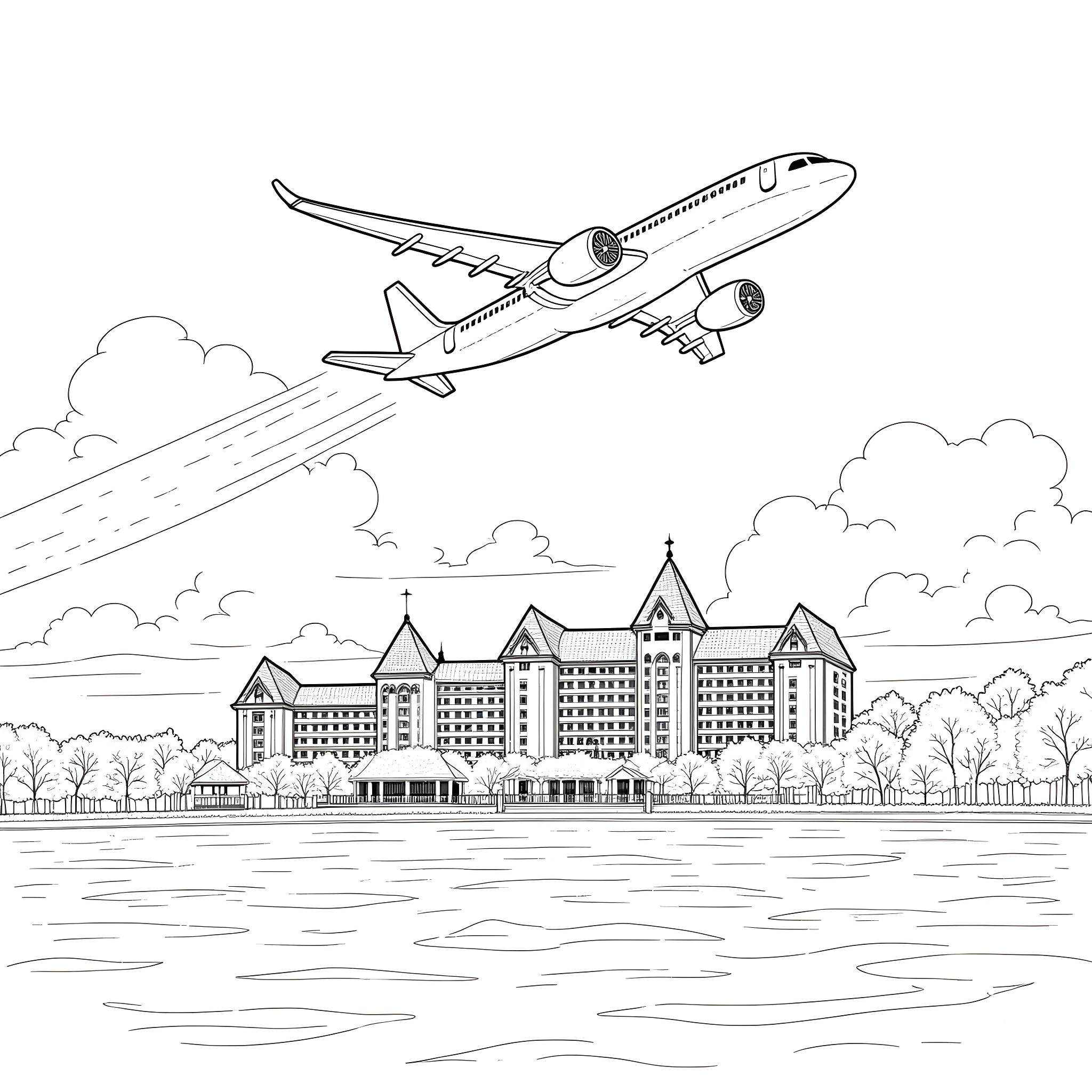 Airplane soaring above a scenic lakeside city Coloring Page (free black-and-white line drawing printable PDF for all, from beginners to advanced learners, including children, teens, adults, and seniors)