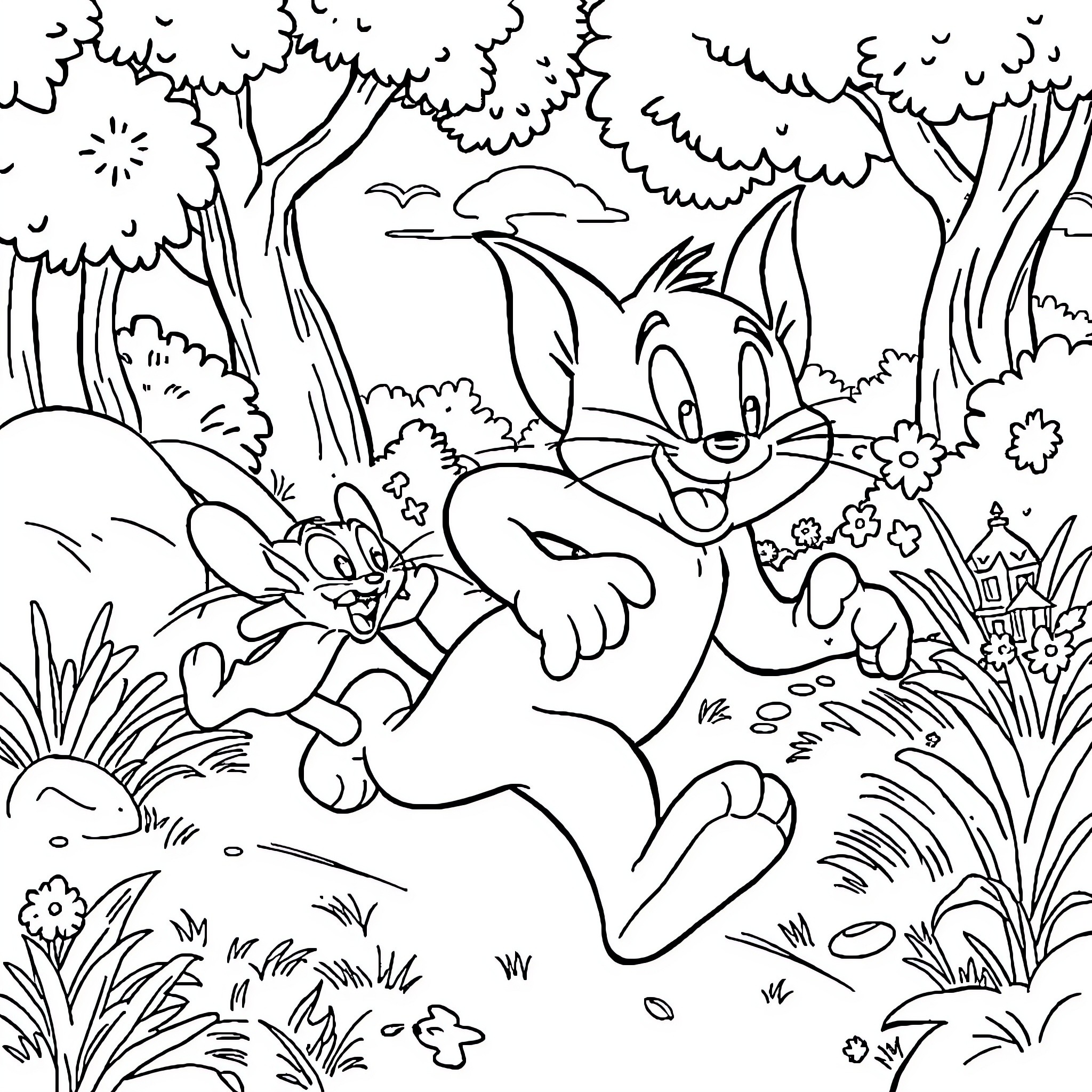 Tom and Jerry chasing each other in the forest Coloring Page (free black-and-white line drawing printable PDF for all, from beginners to advanced learners, including children, teens, adults, and seniors)