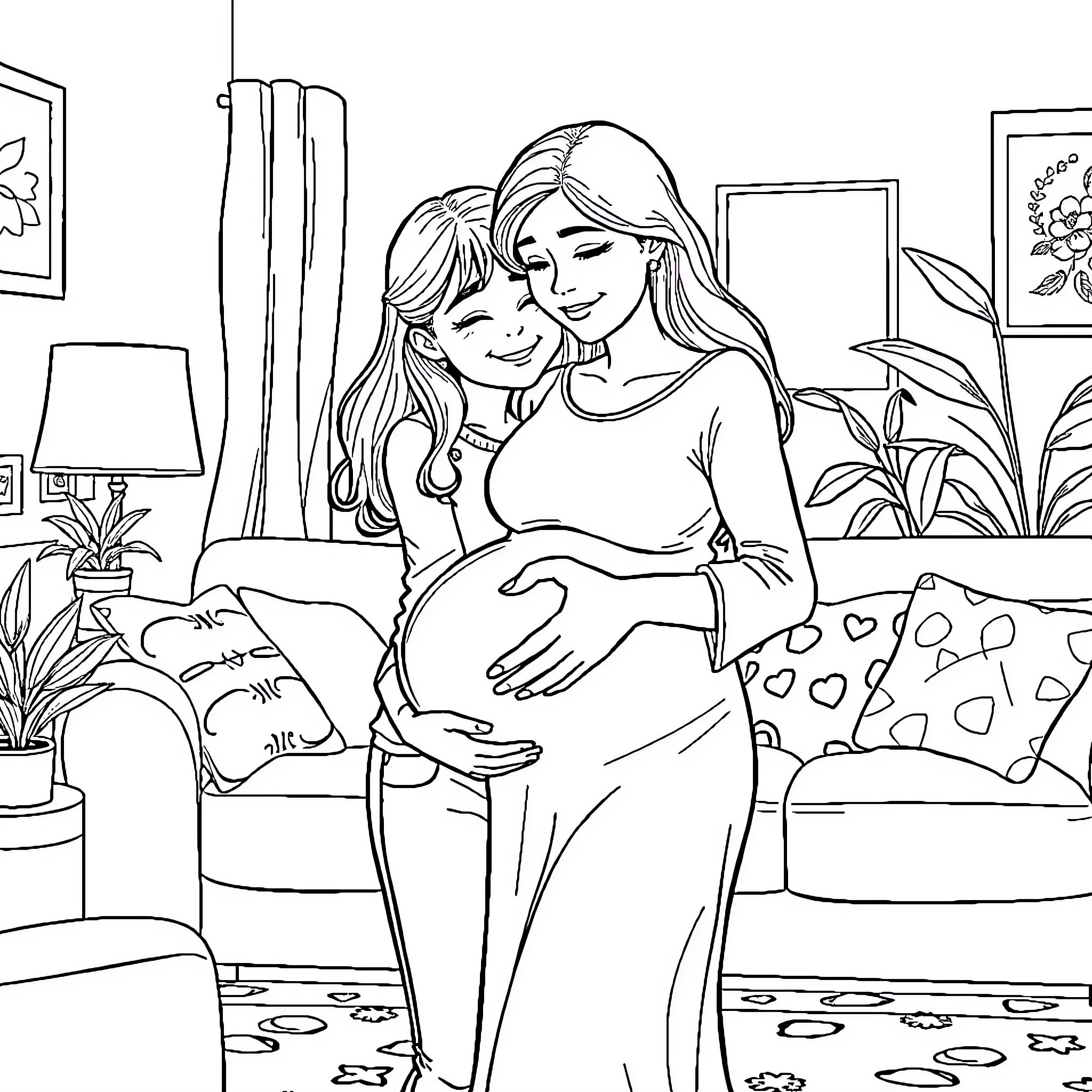 Mom and daughter cherishing pregnancy moment Coloring Page (free black-and-white line drawing printable PDF for all, from beginners to advanced learners, including children, teens, adults, and seniors)