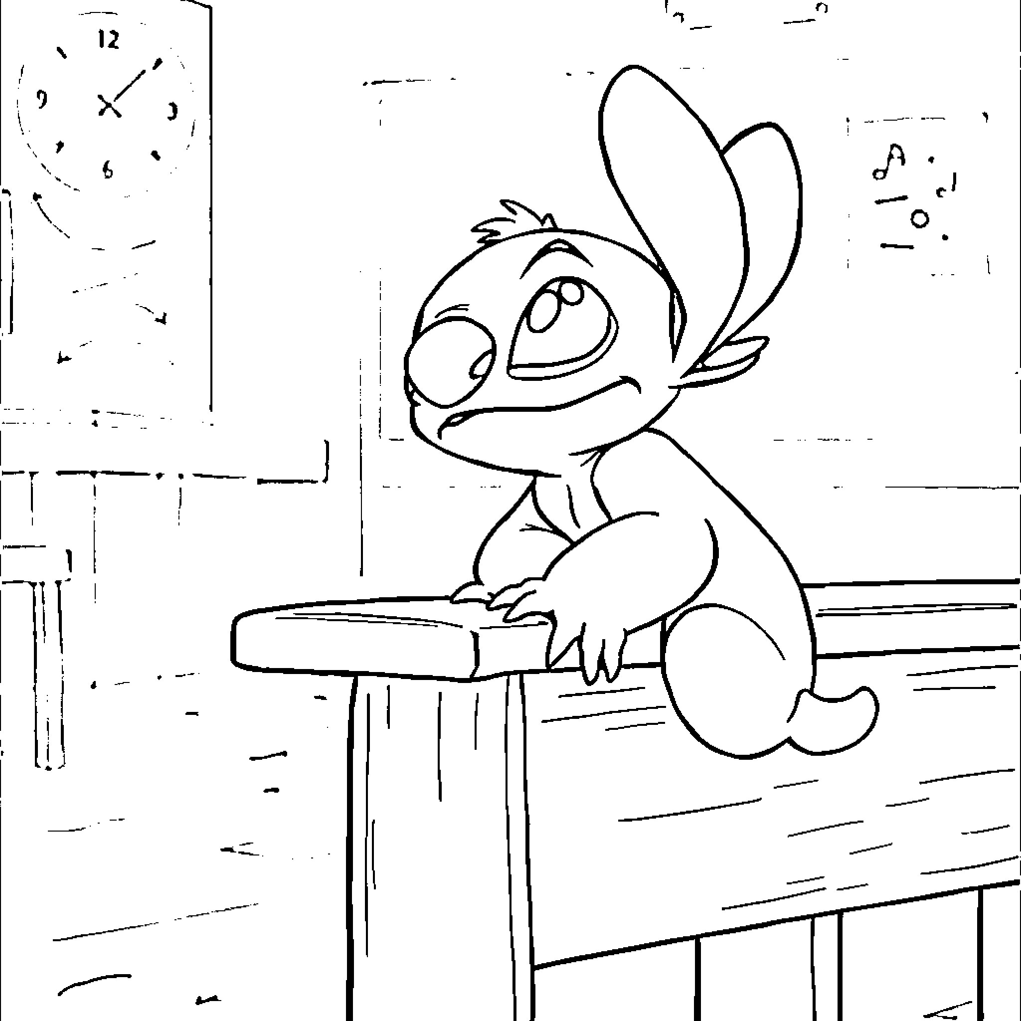 Stitch sitting on a table with a clock Coloring Page (free black-and-white line drawing printable PDF for all, from beginners to advanced learners, including children, teens, adults, and seniors)