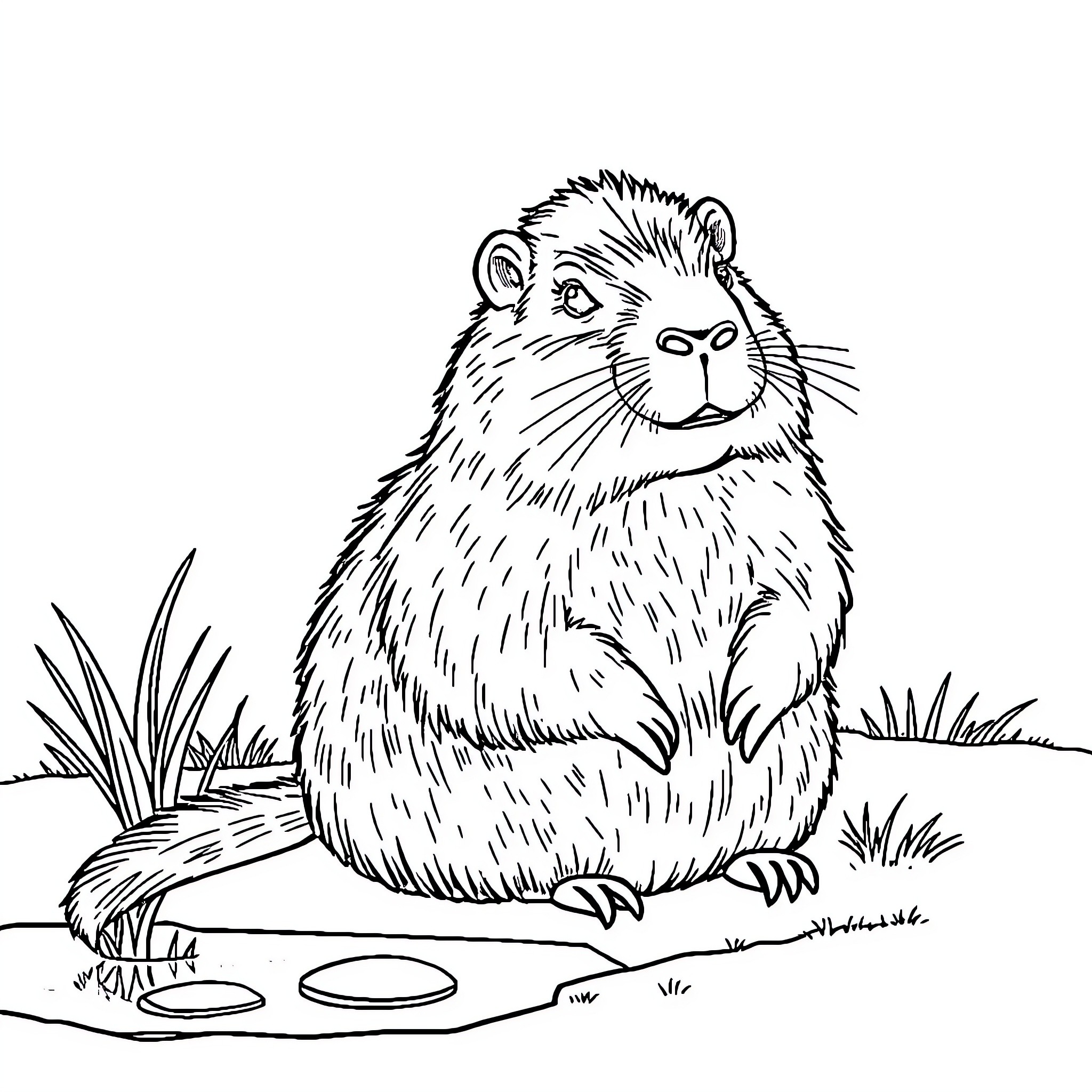 Capybara sitting peacefully in the natural habitat Coloring Page (free black-and-white line drawing printable PDF for all, from beginners to advanced learners, including children, teens, adults, and seniors)