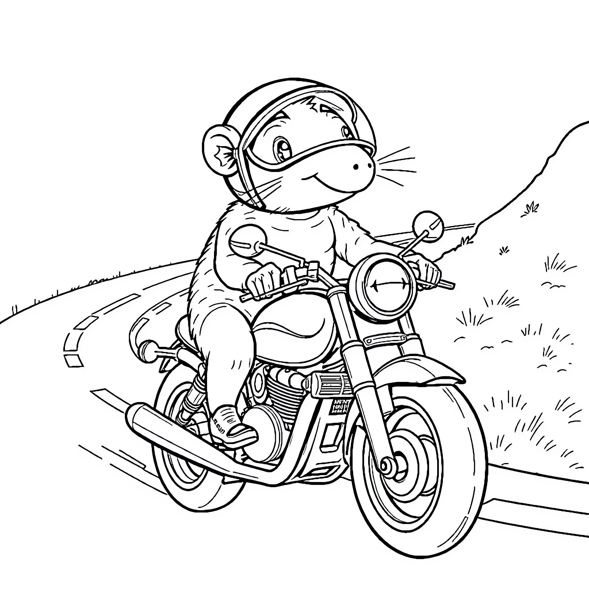 Platypus riding a motorcycle on the road Coloring Page (free black-and-white line drawing printable PDF for all, from beginners to advanced learners, including children, teens, adults, and seniors)