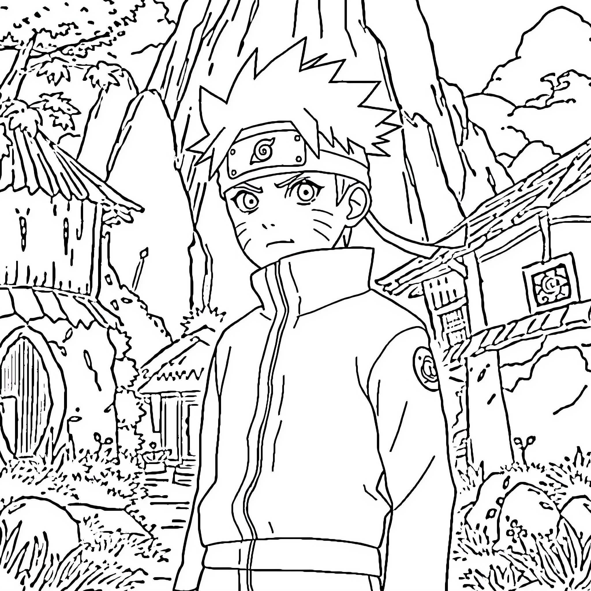 Naruto's Adventurous Journey through the Vibrant Ninja Landscape Coloring Page (free black-and-white line drawing printable PDF for all, from beginners to advanced learners, including children, teens, adults, and seniors)