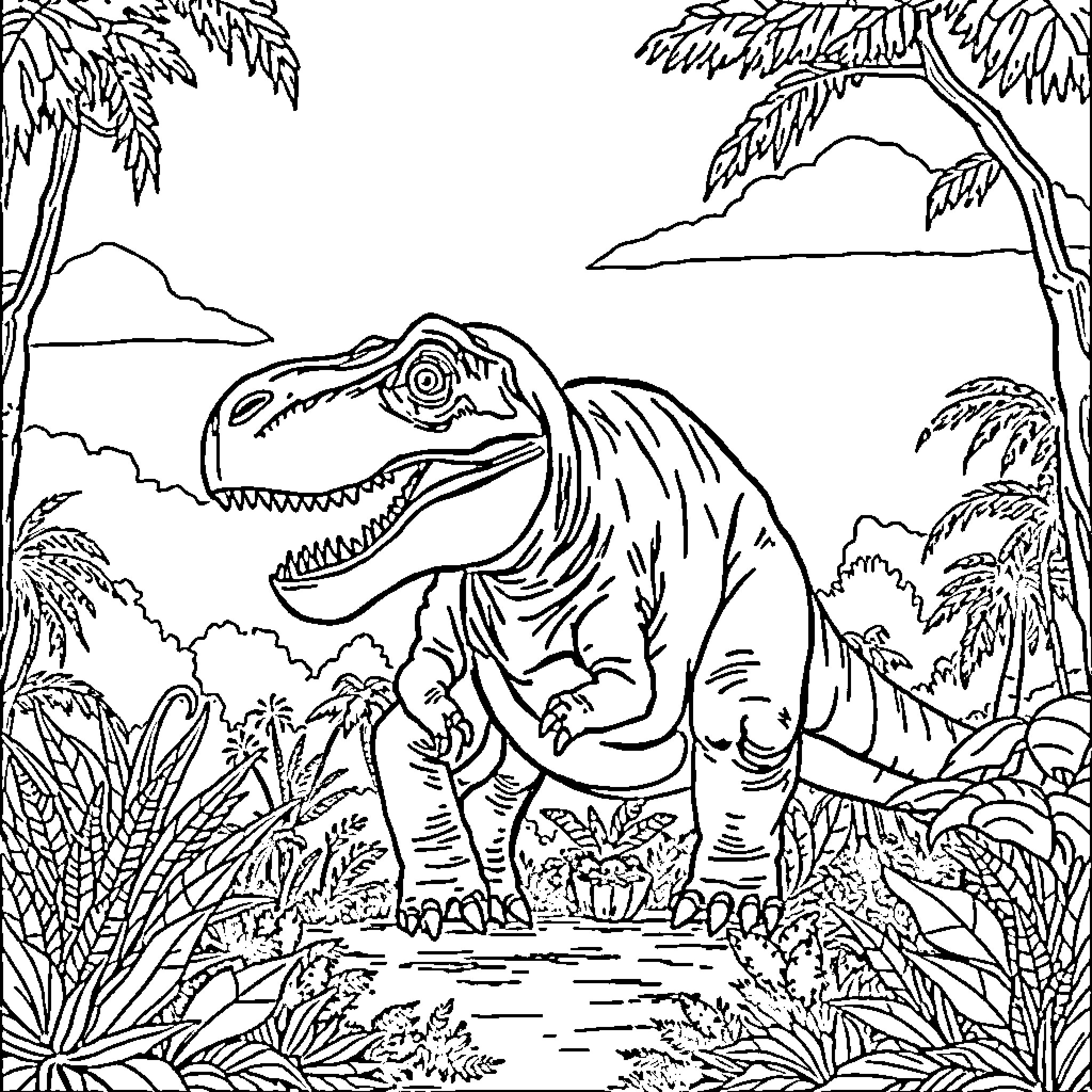 Dinosaur roaming through lush prehistoric landscape Coloring Page (free black-and-white line drawing printable PDF for all, from beginners to advanced learners, including children, teens, adults, and seniors)