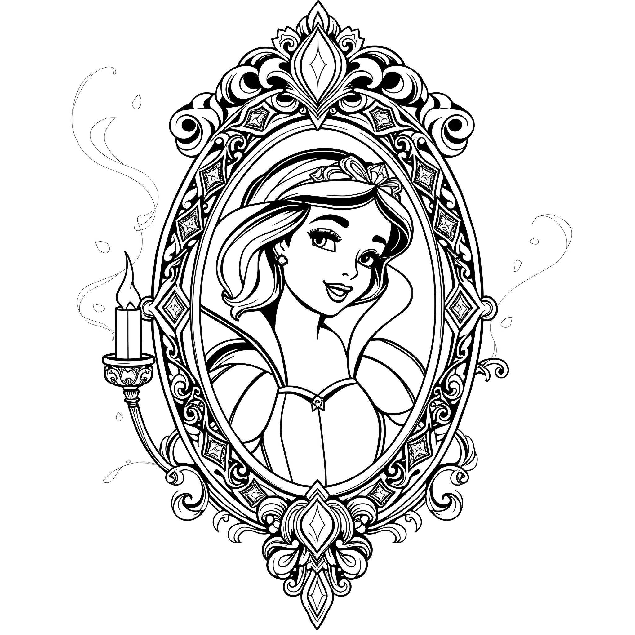 Magic Mirror Reflecting a Beautiful Princess Coloring Page (free black-and-white line drawing printable PDF for all, from beginners to advanced learners, including children, teens, adults, and seniors)