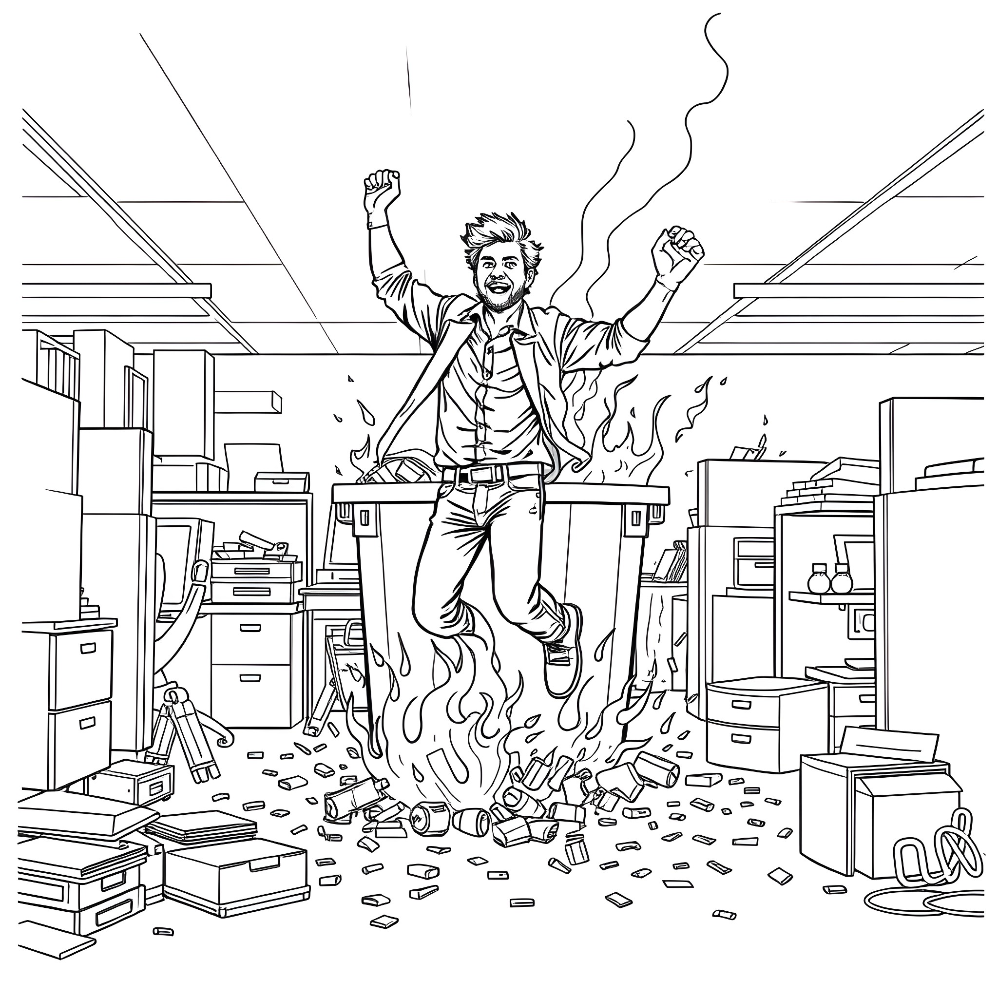 Man celebrating victory in a chaotic office Coloring Page (free black-and-white line drawing printable PDF for all, from beginners to advanced learners, including children, teens, adults, and seniors)