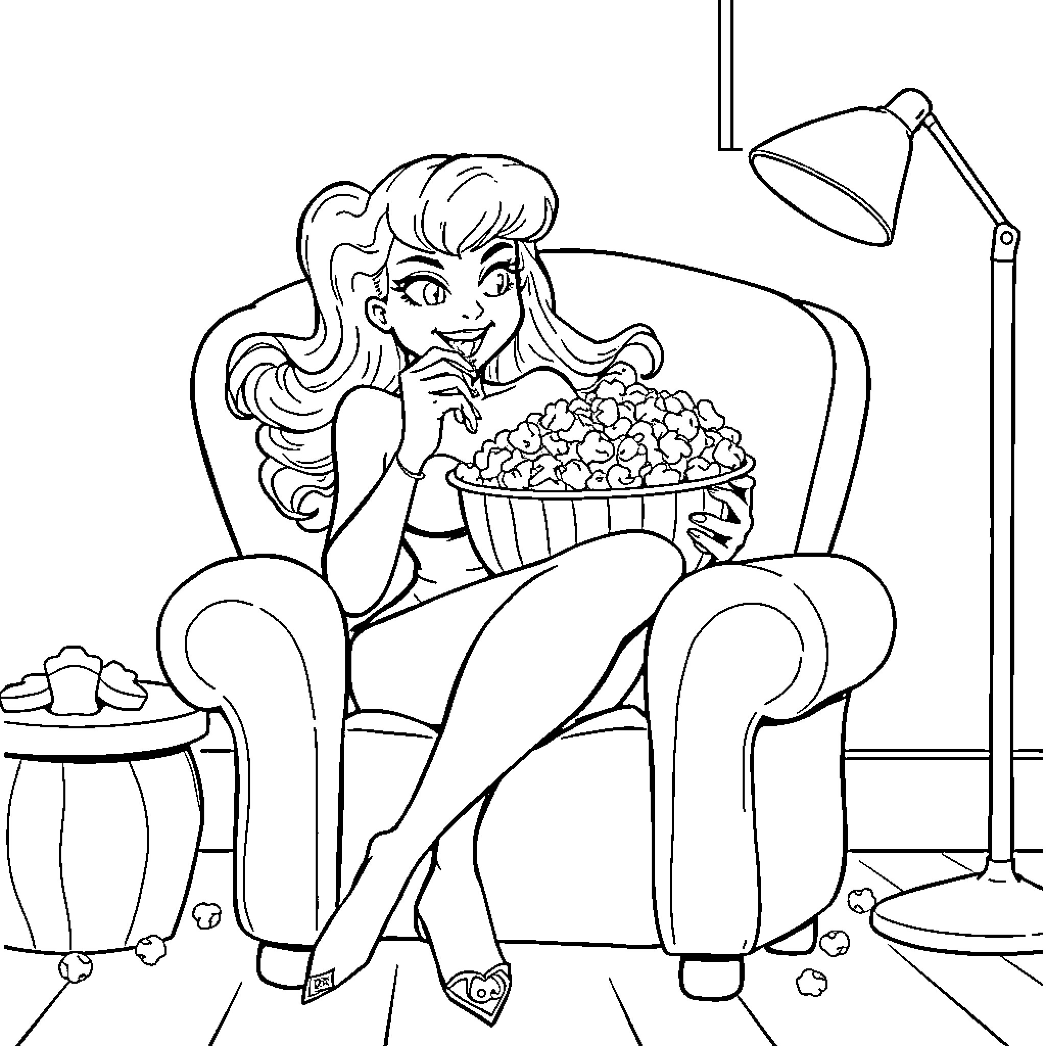 Poison Ivy enjoying a snack in her lair Coloring Page (free black-and-white line drawing printable PDF for all, from beginners to advanced learners, including children, teens, adults, and seniors)