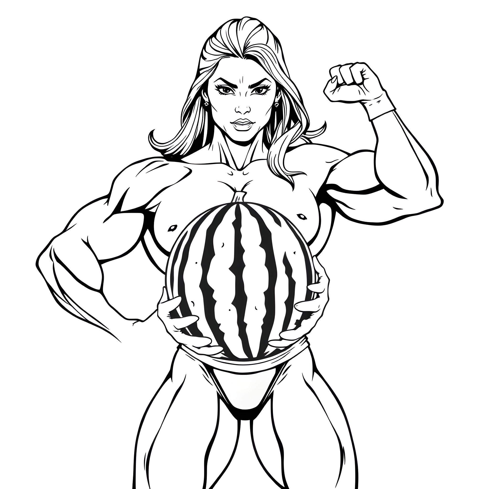 Bodybuilder flexing muscles with watermelon prop Coloring Page (free black-and-white line drawing printable PDF for all, from beginners to advanced learners, including children, teens, adults, and seniors)