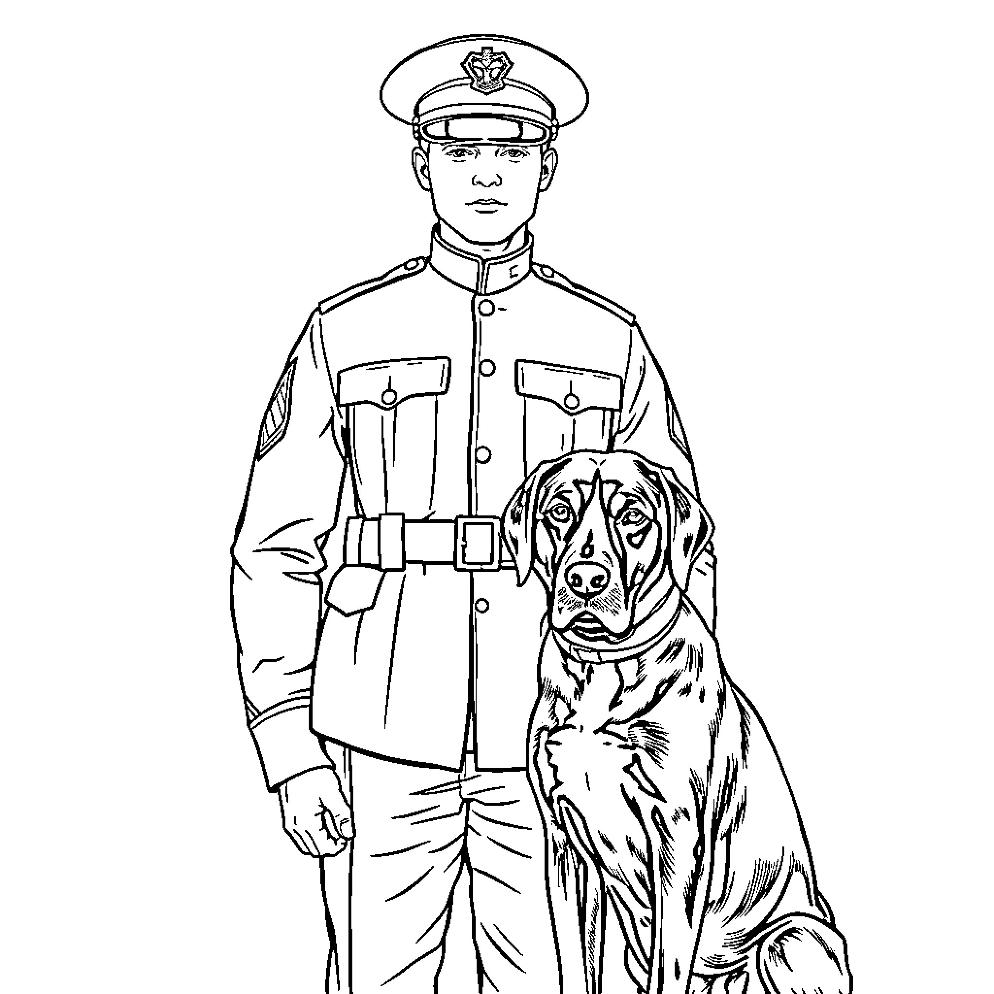 Marine officer with loyal canine companion Coloring Page (free black-and-white line drawing printable PDF for all, from beginners to advanced learners, including children, teens, adults, and seniors)