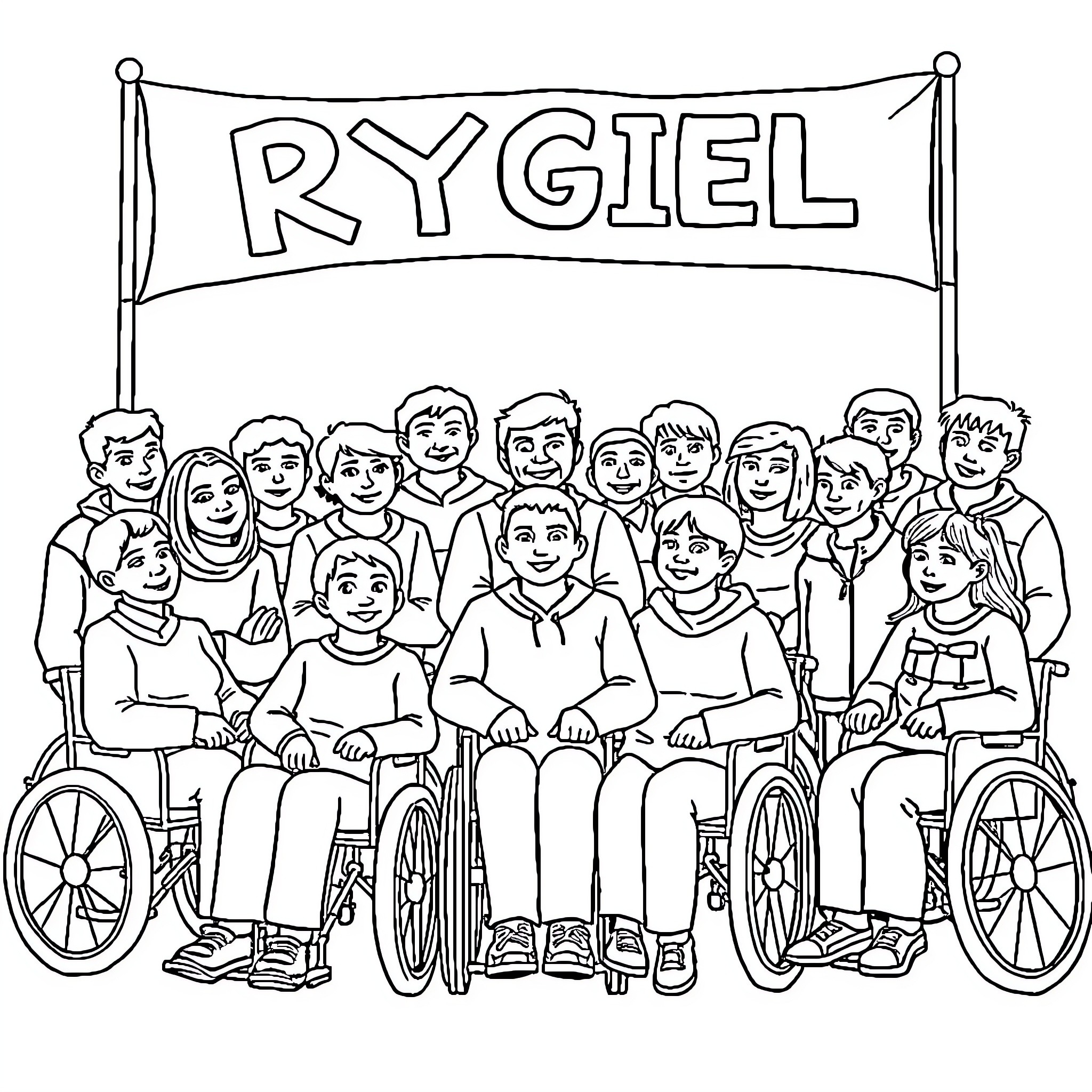 Person in wheelchairs holding Rygiel banner together Coloring Page (free black-and-white line drawing printable PDF for all, from beginners to advanced learners, including children, teens, adults, and seniors)