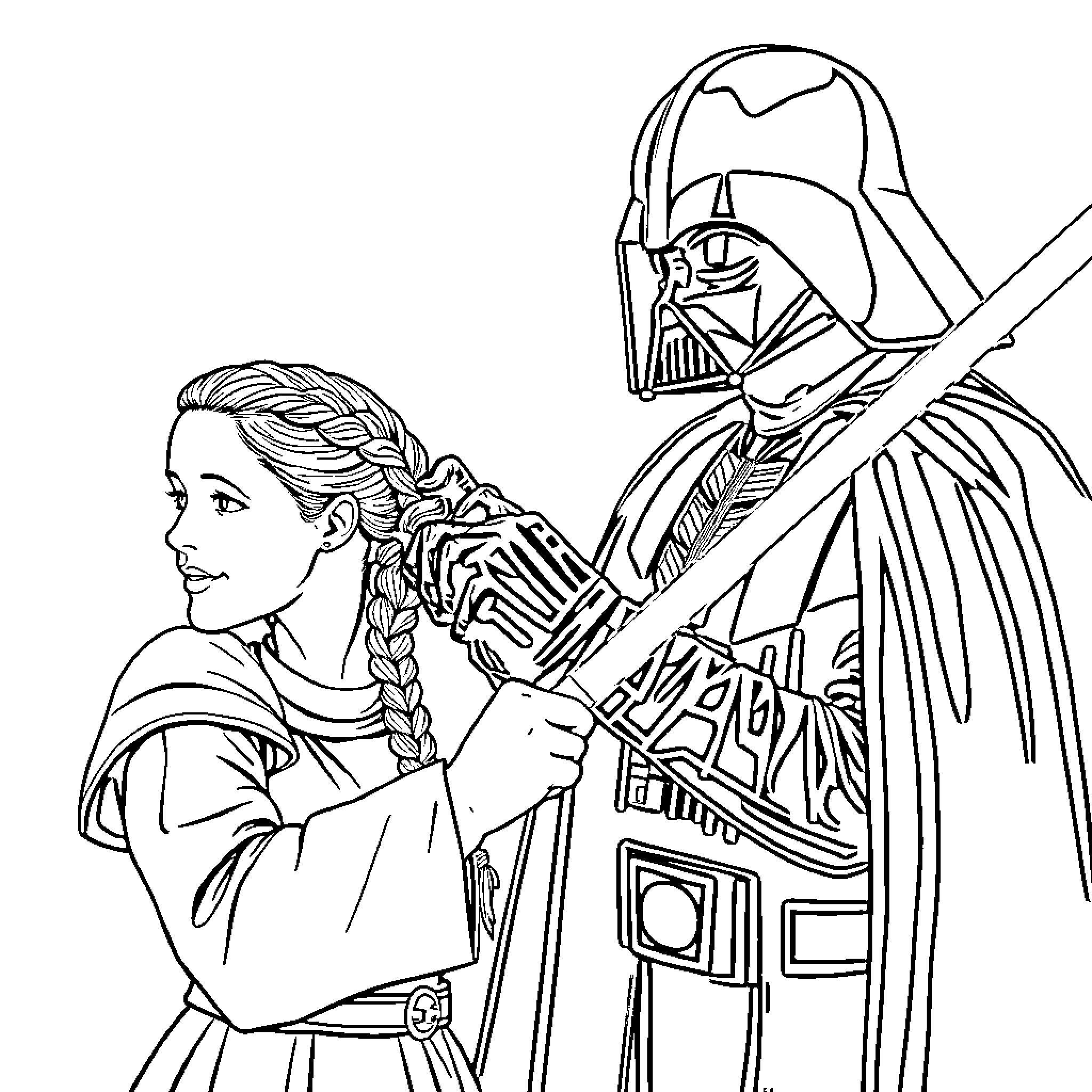 Darth Vader and Princess Leia in an iconic scene Coloring Page (free black-and-white line drawing printable PDF for all, from beginners to advanced learners, including children, teens, adults, and seniors)