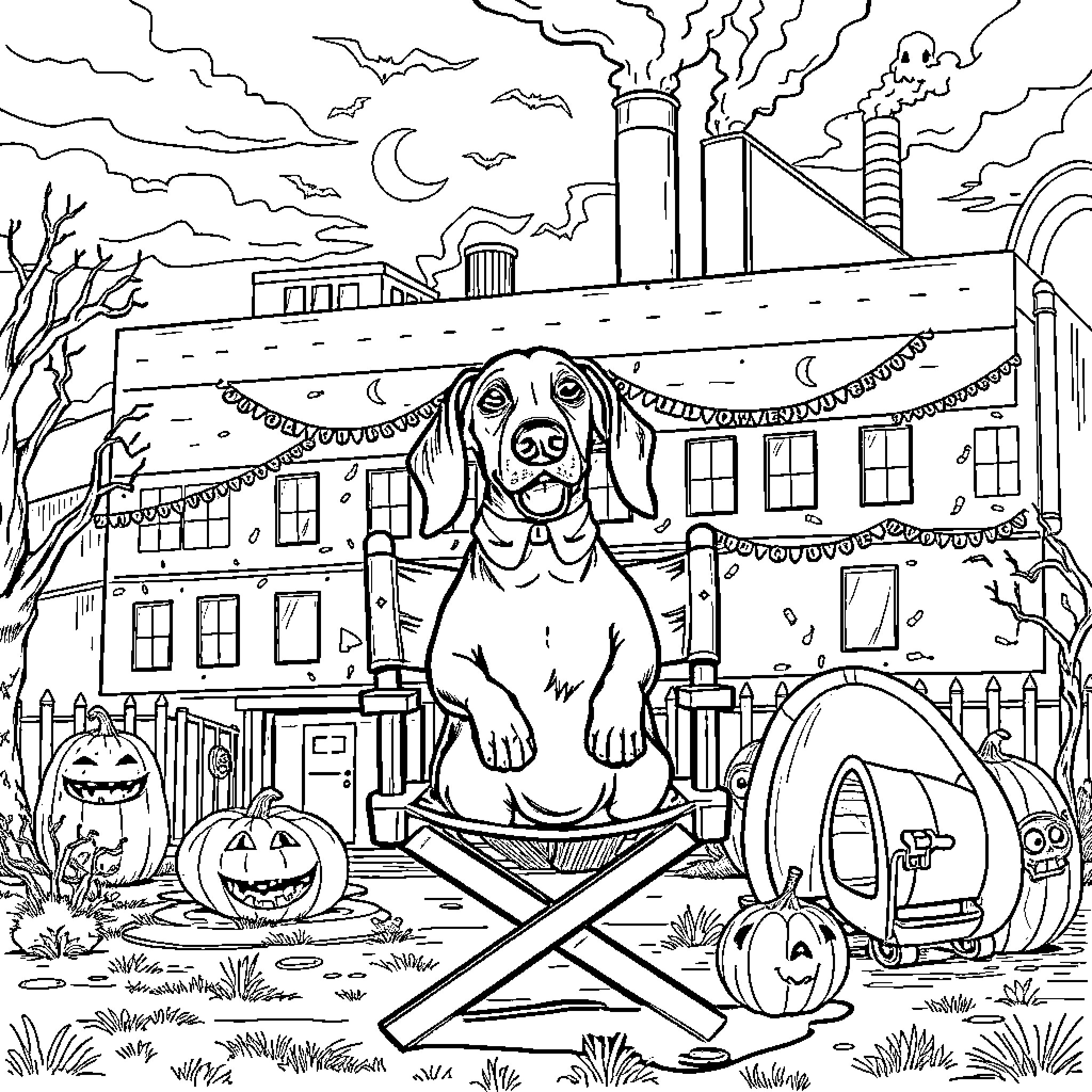 Dachshund enjoying spooky Halloween festivities Coloring Page (free black-and-white line drawing printable PDF for all, from beginners to advanced learners, including children, teens, adults, and seniors)