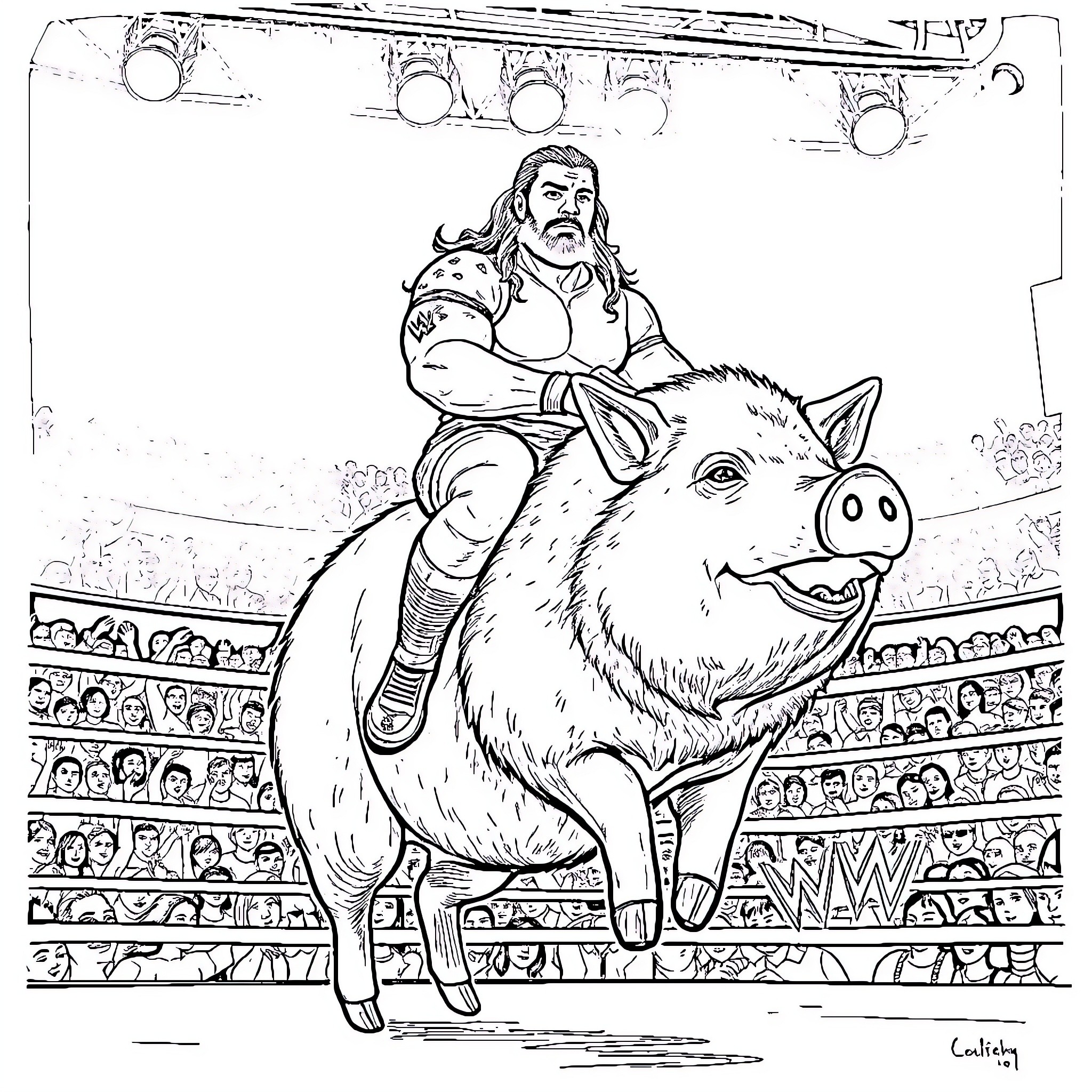 Roman Reigns riding a giant boar in the arena Coloring Page (free black-and-white line drawing printable PDF for all, from beginners to advanced learners, including children, teens, adults, and seniors)
