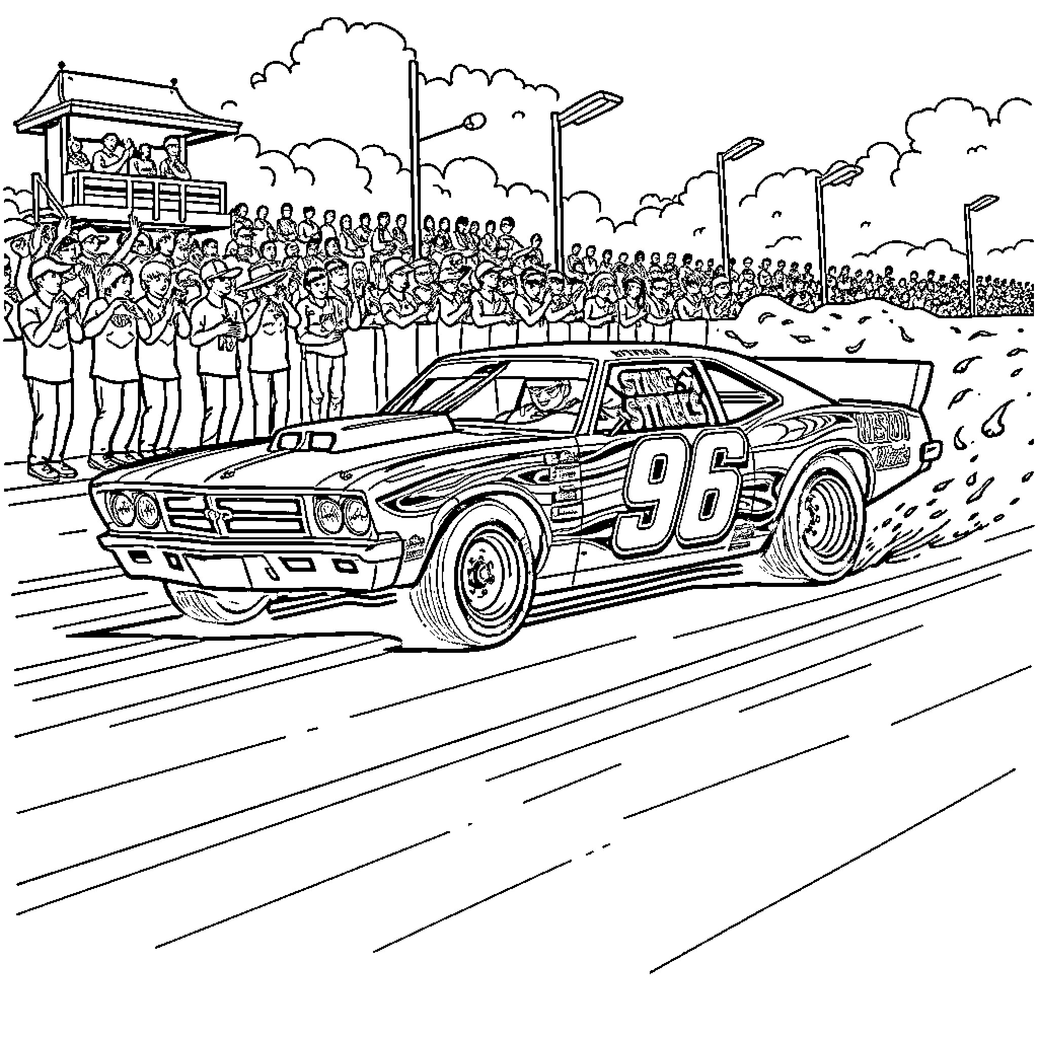 Stock Car Racing at High-Speed Track with Crowd Coloring Page (free black-and-white line drawing printable PDF for all, from beginners to advanced learners, including children, teens, adults, and seniors)