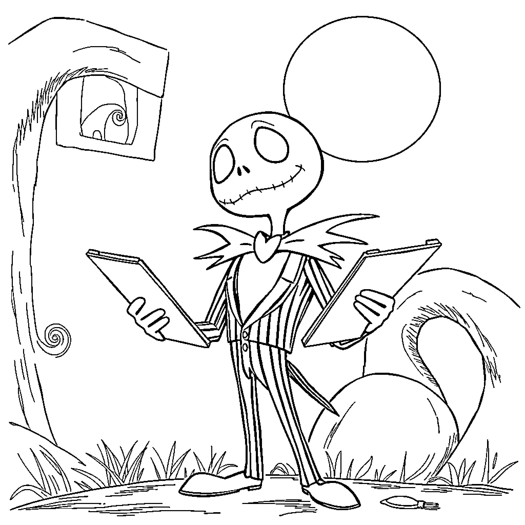 Jack Skellington reading book in a spooky setting Coloring Page (free black-and-white line drawing printable PDF for all, from beginners to advanced learners, including children, teens, adults, and seniors)