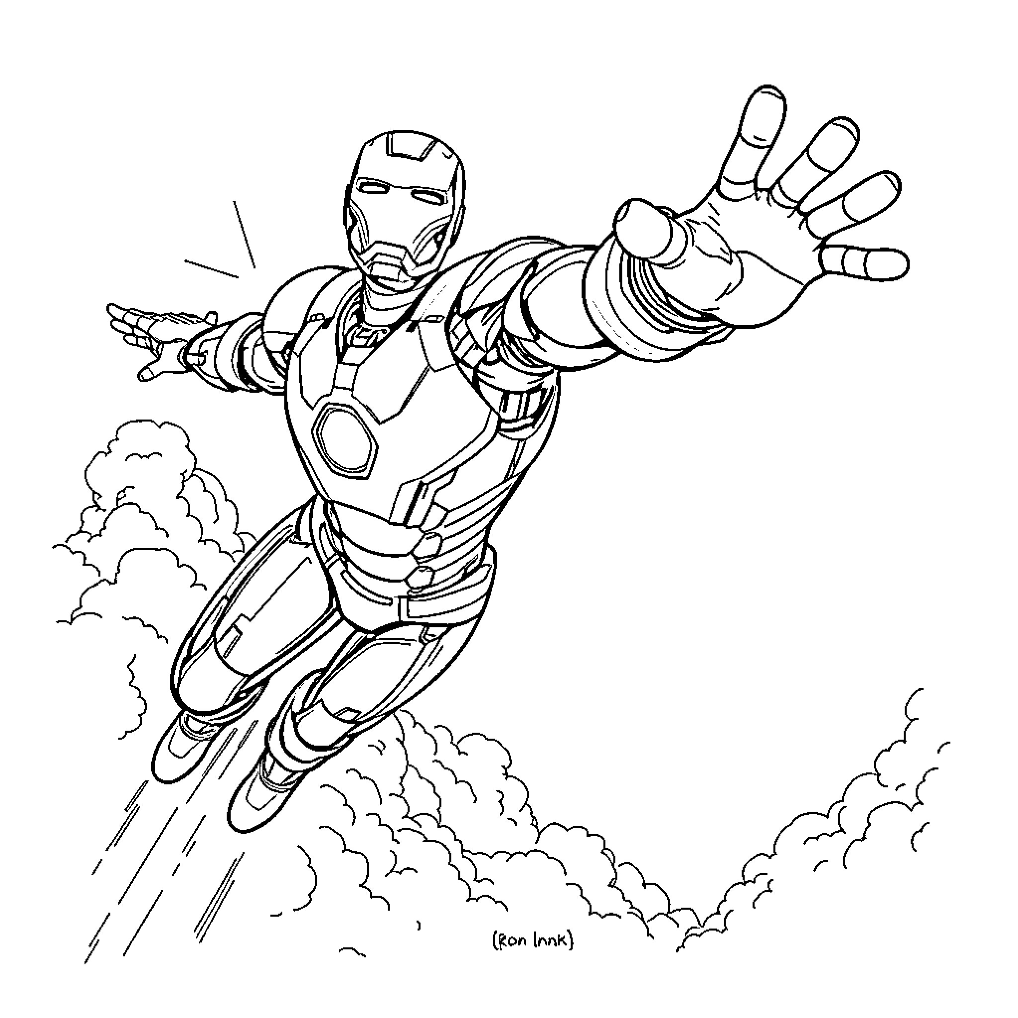 Iron Man flying in action with powerful pose Coloring Page (free black-and-white line drawing printable PDF for all, from beginners to advanced learners, including children, teens, adults, and seniors)