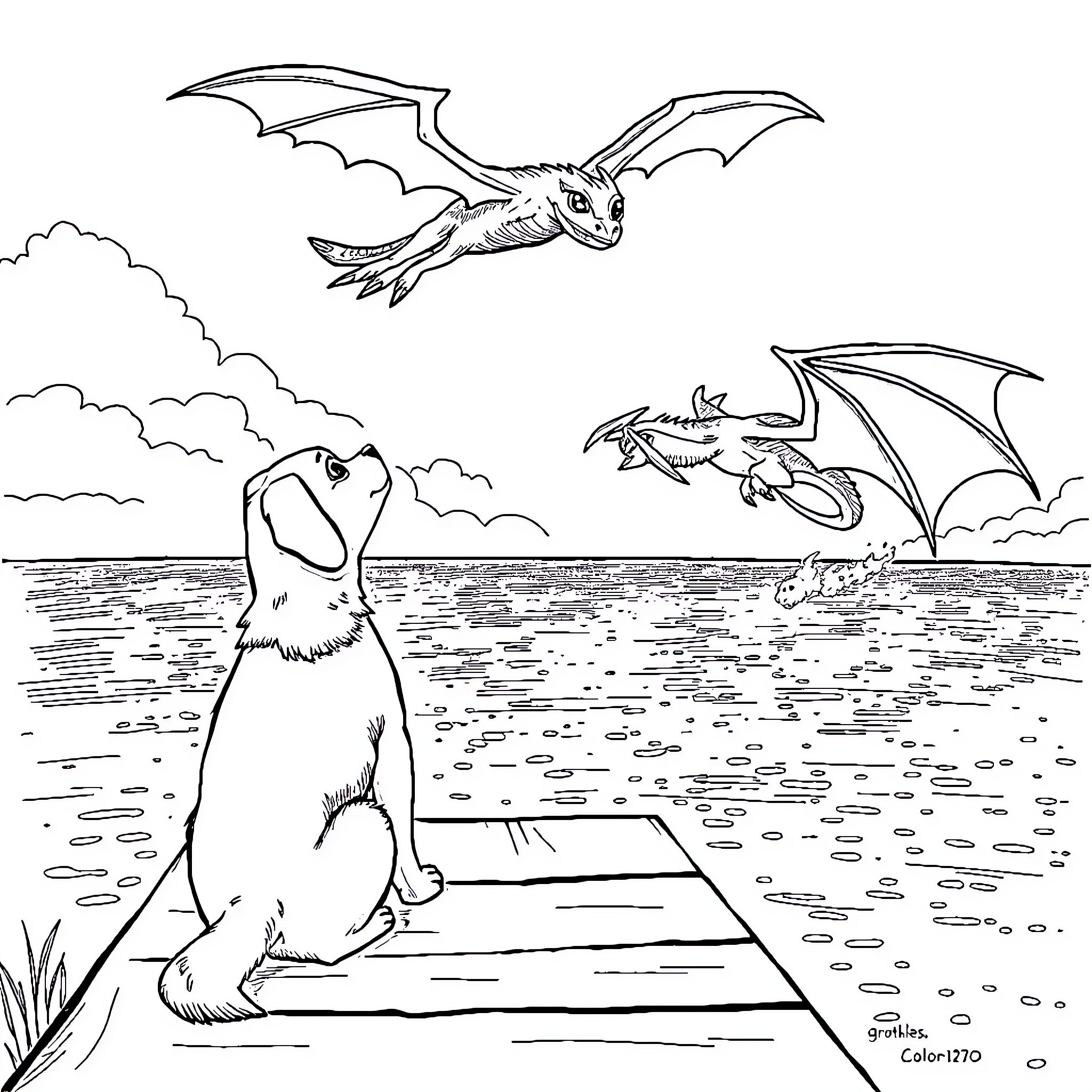 Dog watching dragons fly in the sky Coloring Page (free black-and-white line drawing printable PDF for all, from beginners to advanced learners, including children, teens, adults, and seniors)