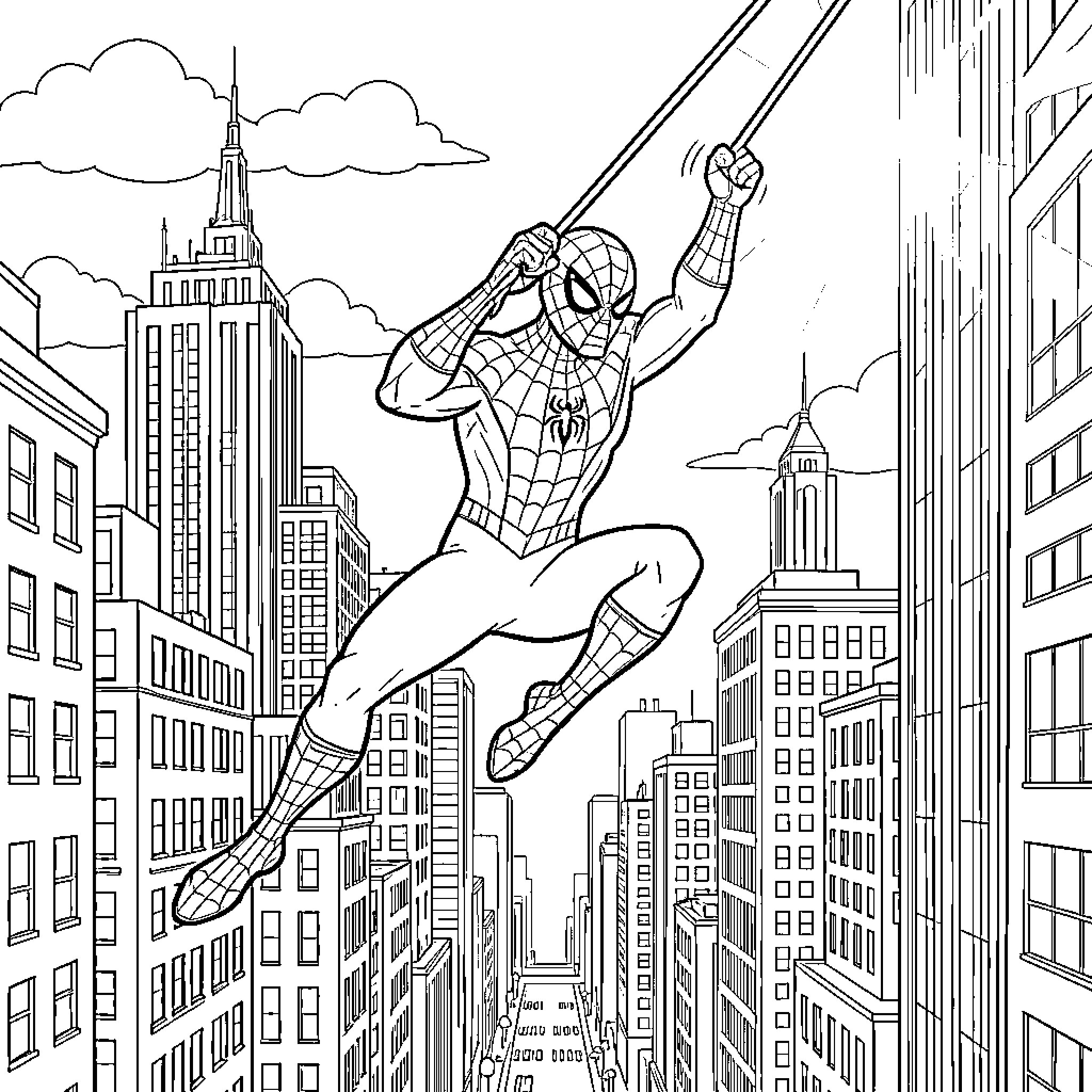 Spiderman swinging through the city skyline Coloring Page (free black-and-white line drawing printable PDF for all, from beginners to advanced learners, including children, teens, adults, and seniors)