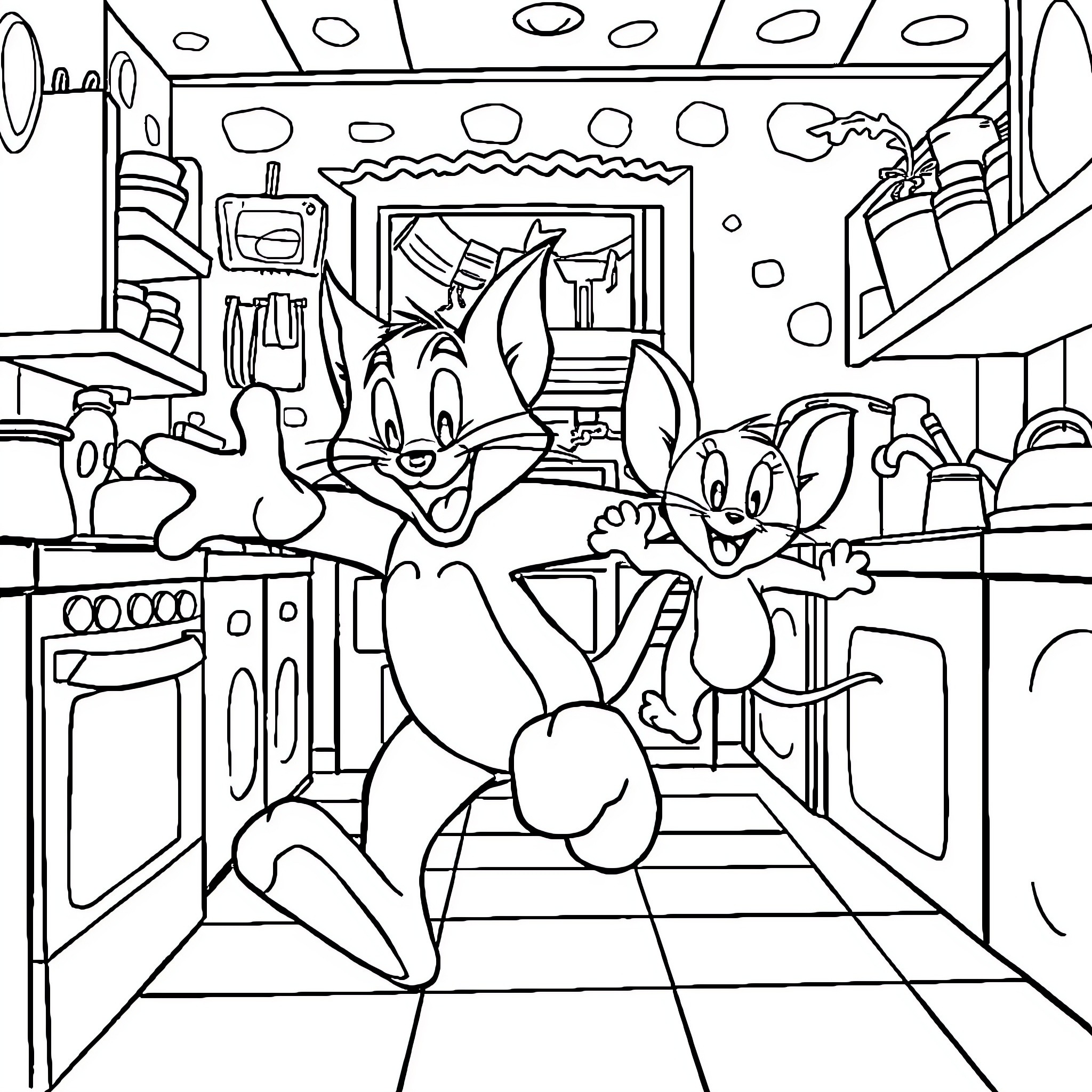 Tom and Jerry's Mischievous Kitchen Adventure Coloring Page (free black-and-white line drawing printable PDF for all, from beginners to advanced learners, including children, teens, adults, and seniors)