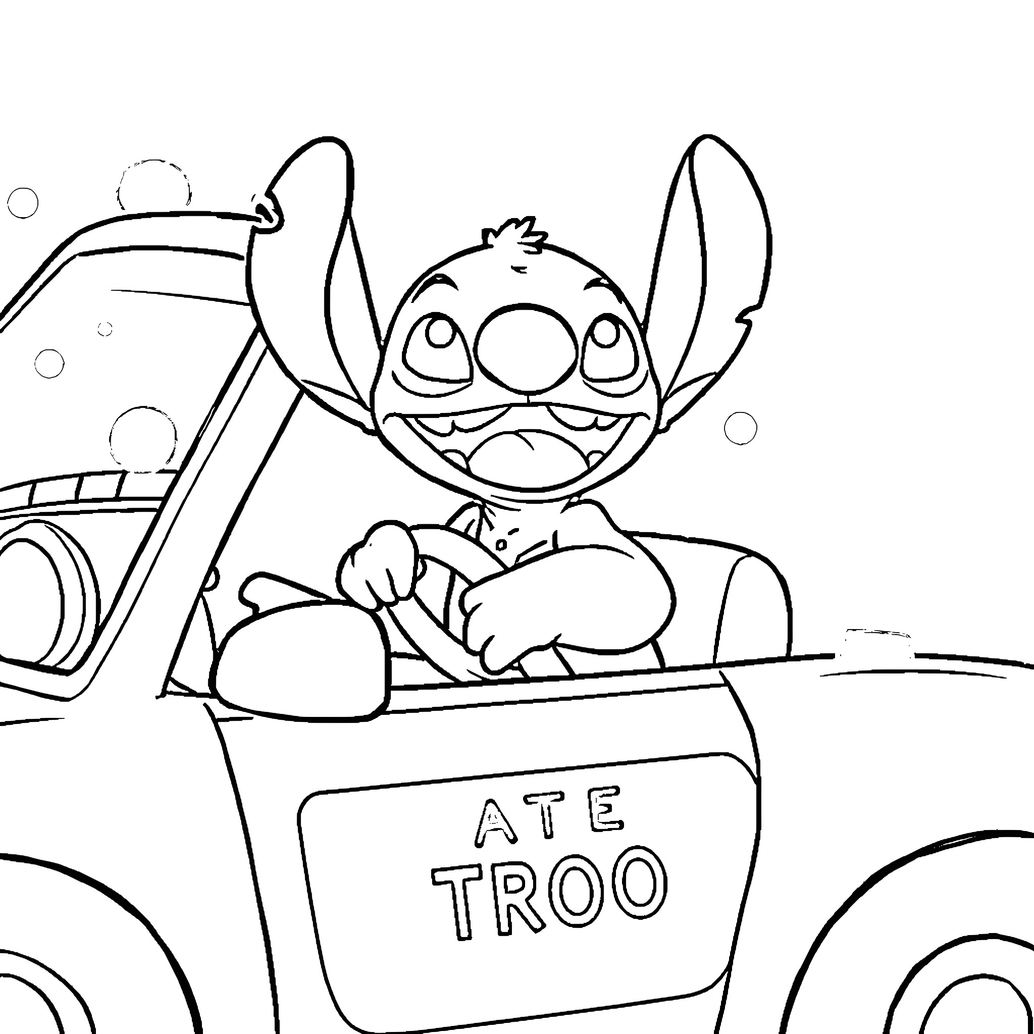 Stitch riding in a car with joy Coloring Page (free black-and-white line drawing printable PDF for all, from beginners to advanced learners, including children, teens, adults, and seniors)