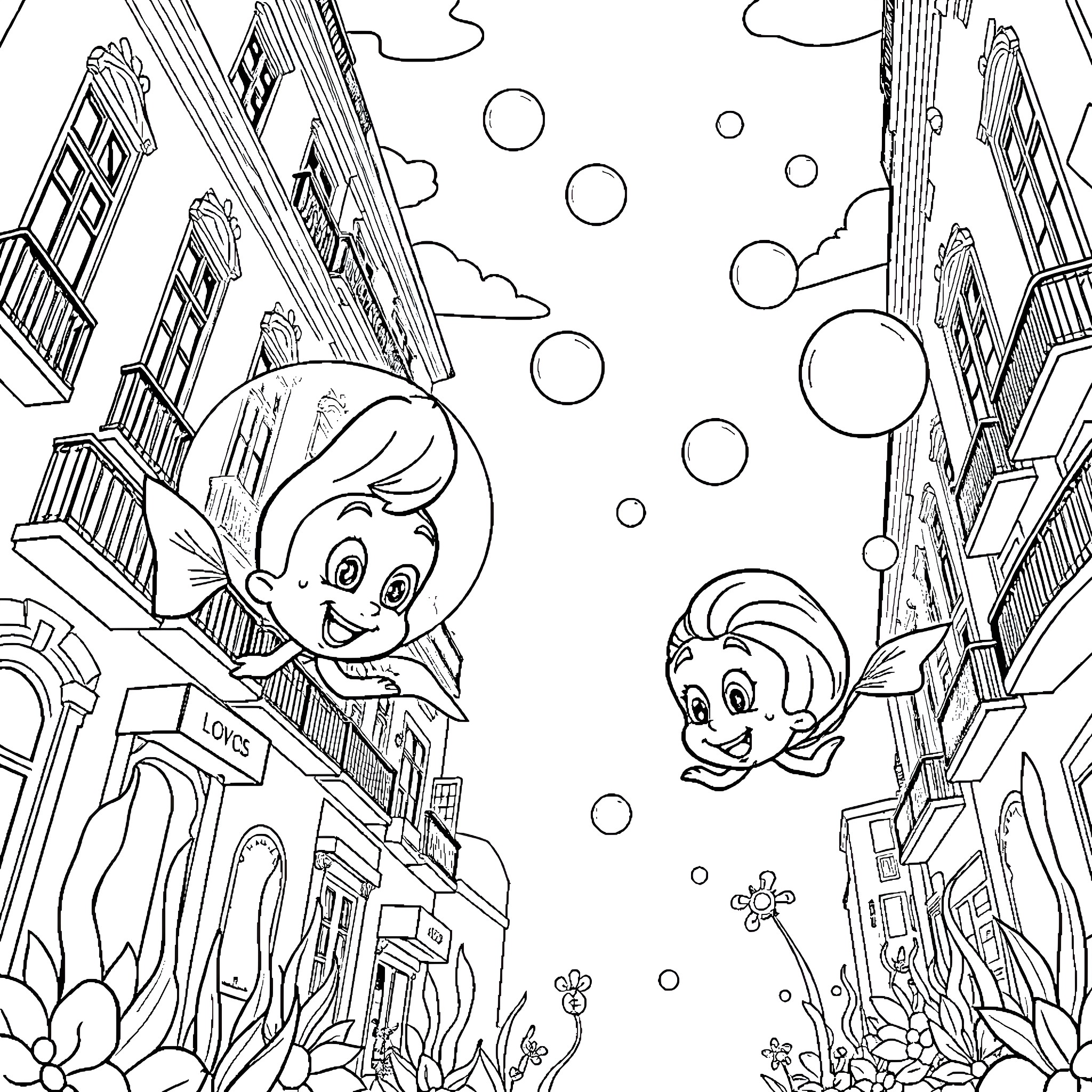 Bubble Guppies exploring the city street Coloring Page (free black-and-white line drawing printable PDF for all, from beginners to advanced learners, including children, teens, adults, and seniors)