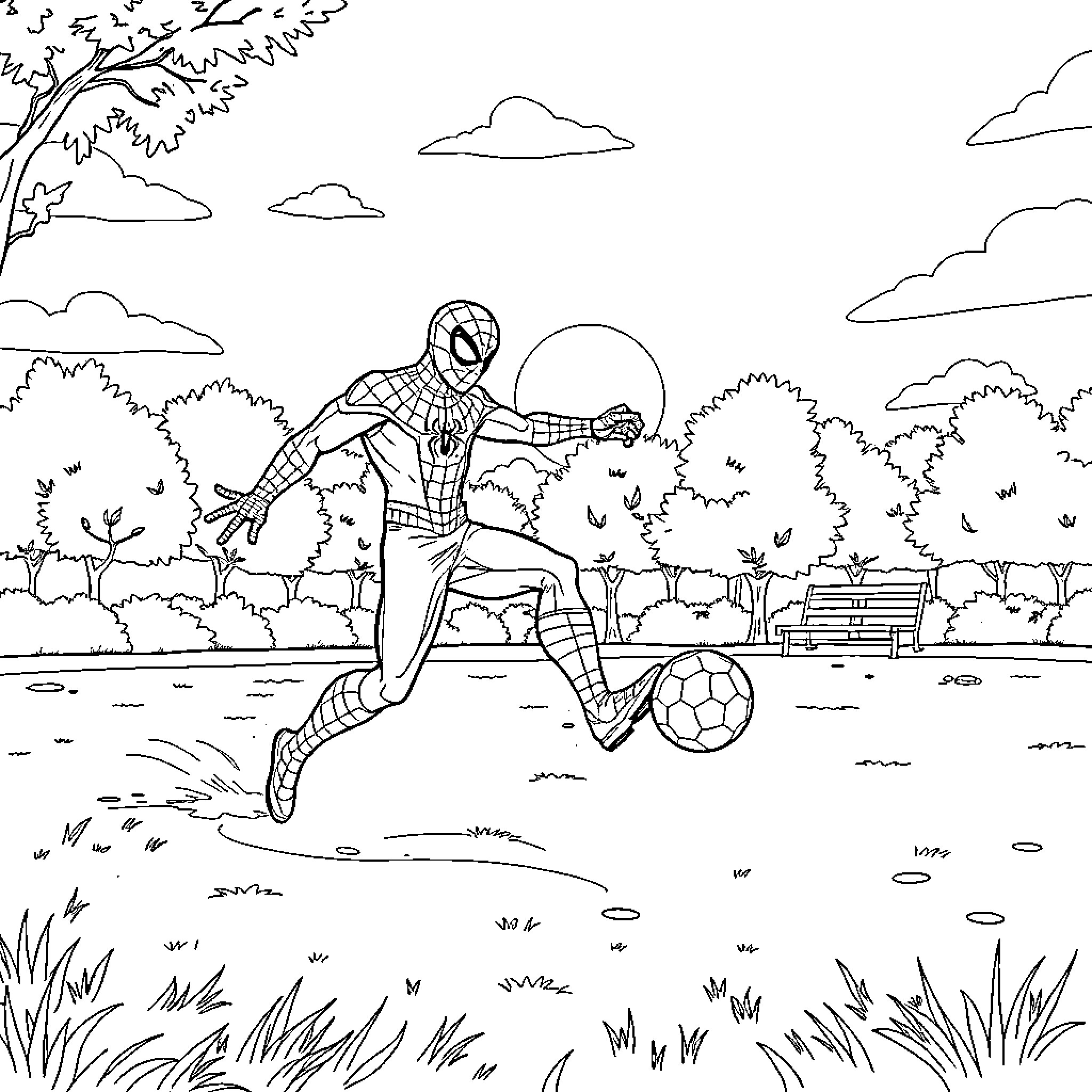 Spiderman kicking a soccer ball in a park Coloring Page (free black-and-white line drawing printable PDF for all, from beginners to advanced learners, including children, teens, adults, and seniors)
