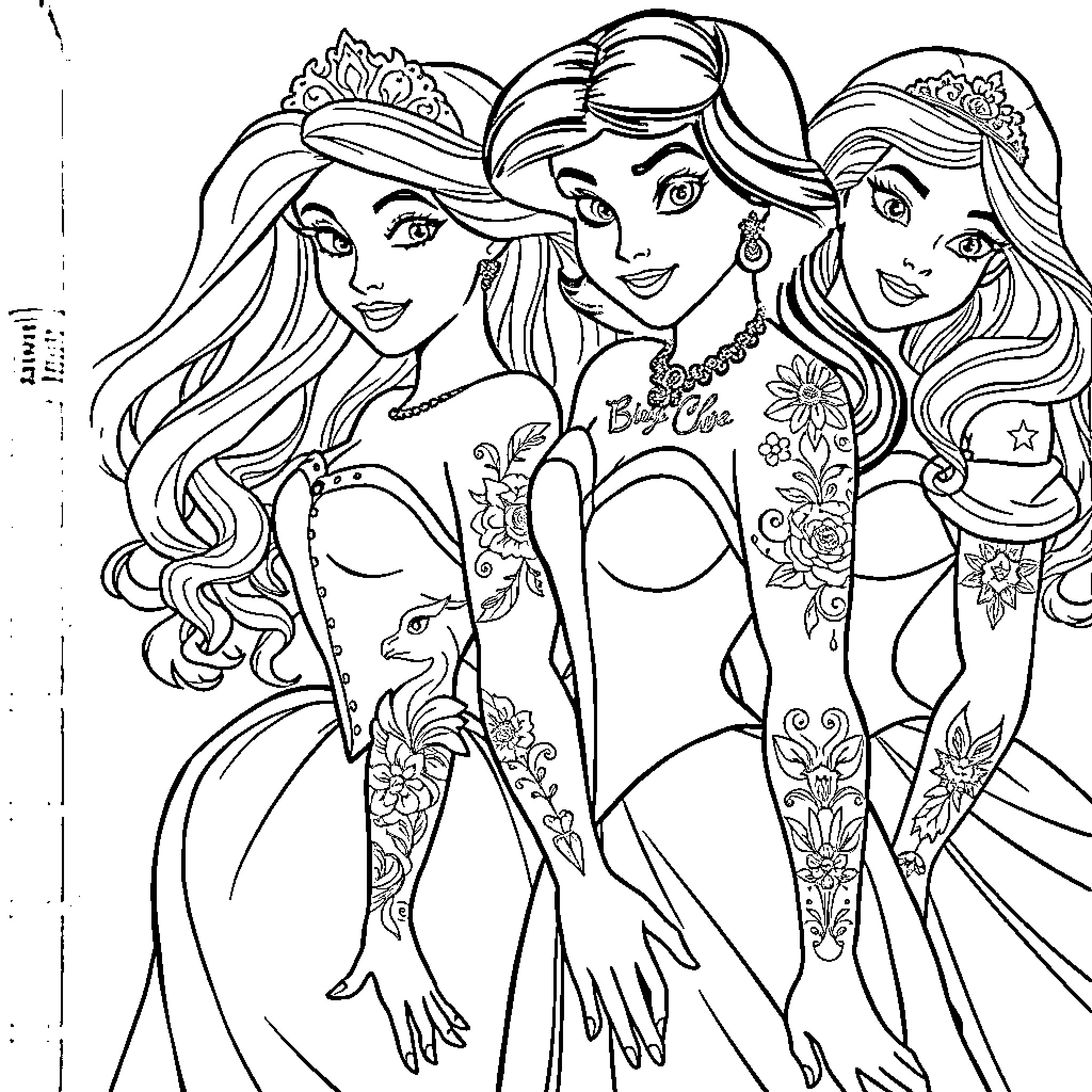 Disney Princess Trio Posing With Elaborate Outfits Coloring Page (free black-and-white line drawing printable PDF for all, from beginners to advanced learners, including children, teens, adults, and seniors)