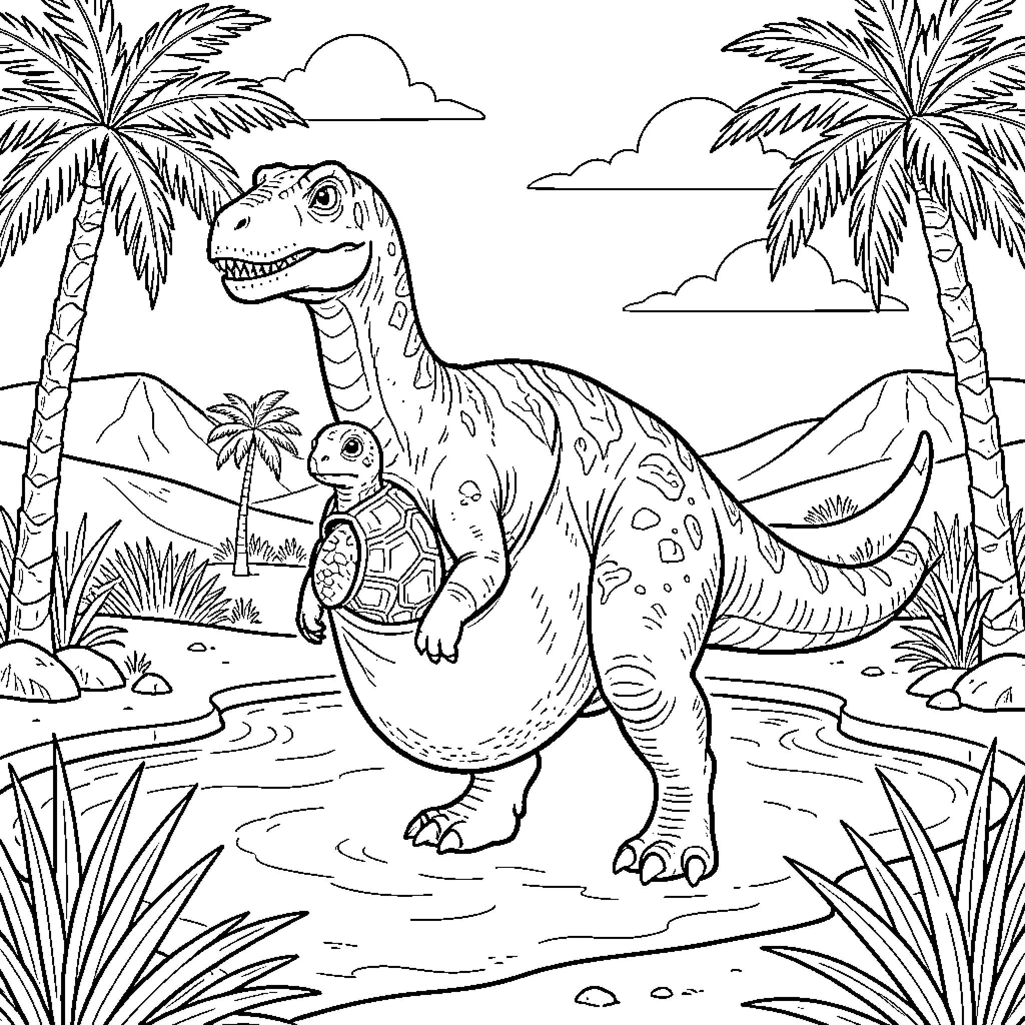 Dinosaur walking through a tropical jungle landscape Coloring Page (free black-and-white line drawing printable PDF for all, from beginners to advanced learners, including children, teens, adults, and seniors)
