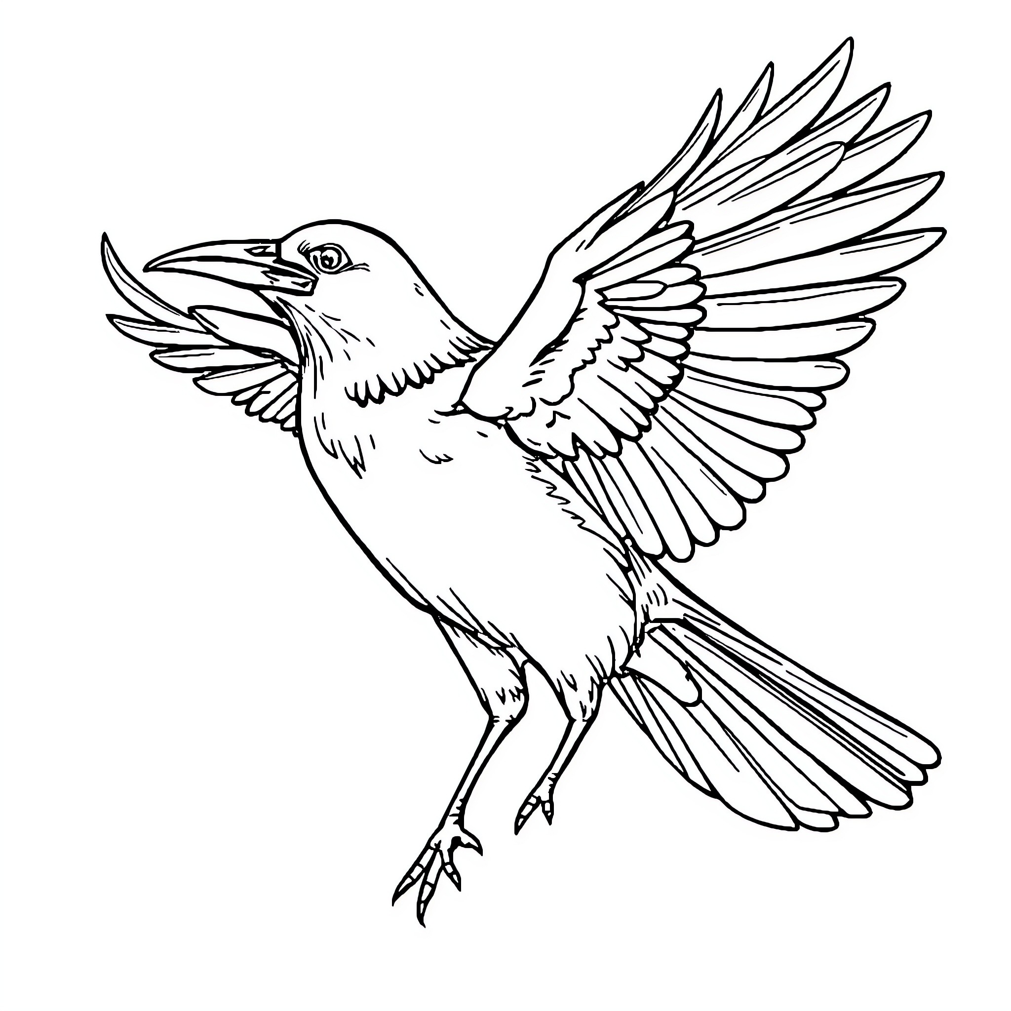 Crow in Flight with Outstretched Wings Coloring Page (free black-and-white line drawing printable PDF for all, from beginners to advanced learners, including children, teens, adults, and seniors)
