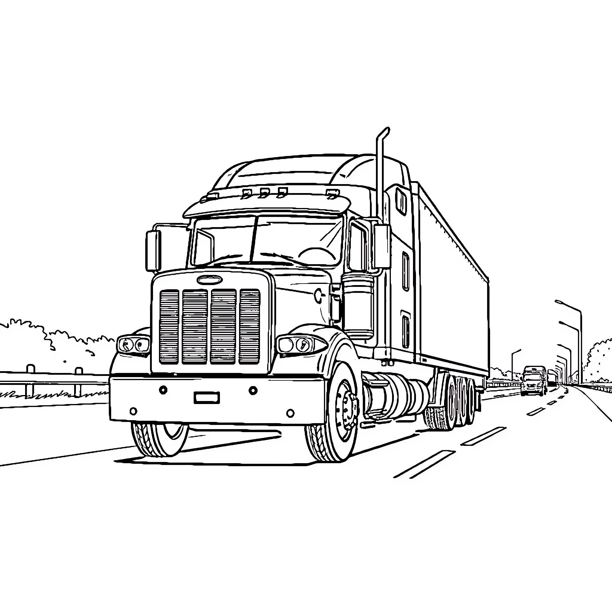 Truck hauling cargo on the highway Coloring Page (free black-and-white line drawing printable PDF for all, from beginners to advanced learners, including children, teens, adults, and seniors)