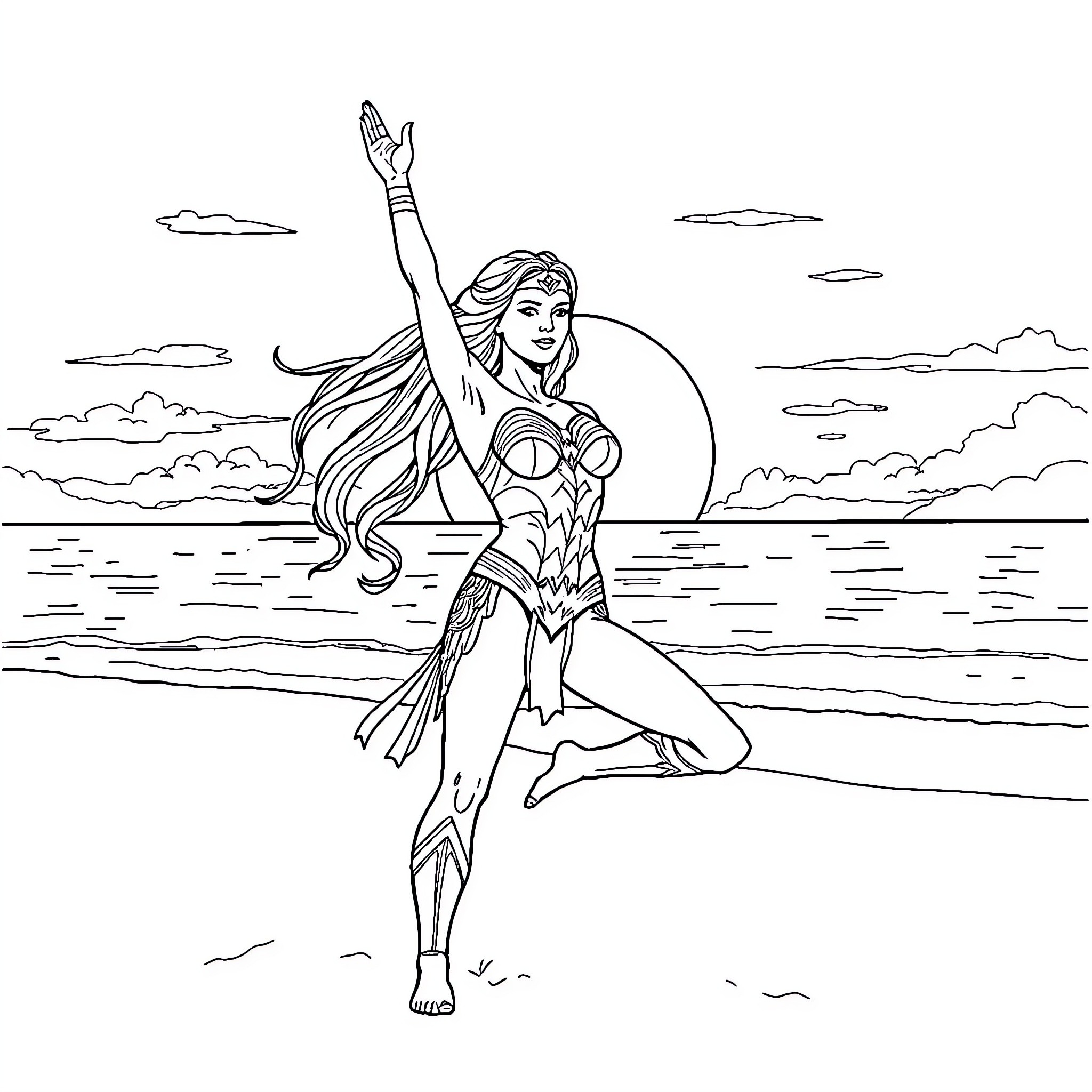 Wonder Woman posing heroically on the beach Coloring Page (free black-and-white line drawing printable PDF for all, from beginners to advanced learners, including children, teens, adults, and seniors)