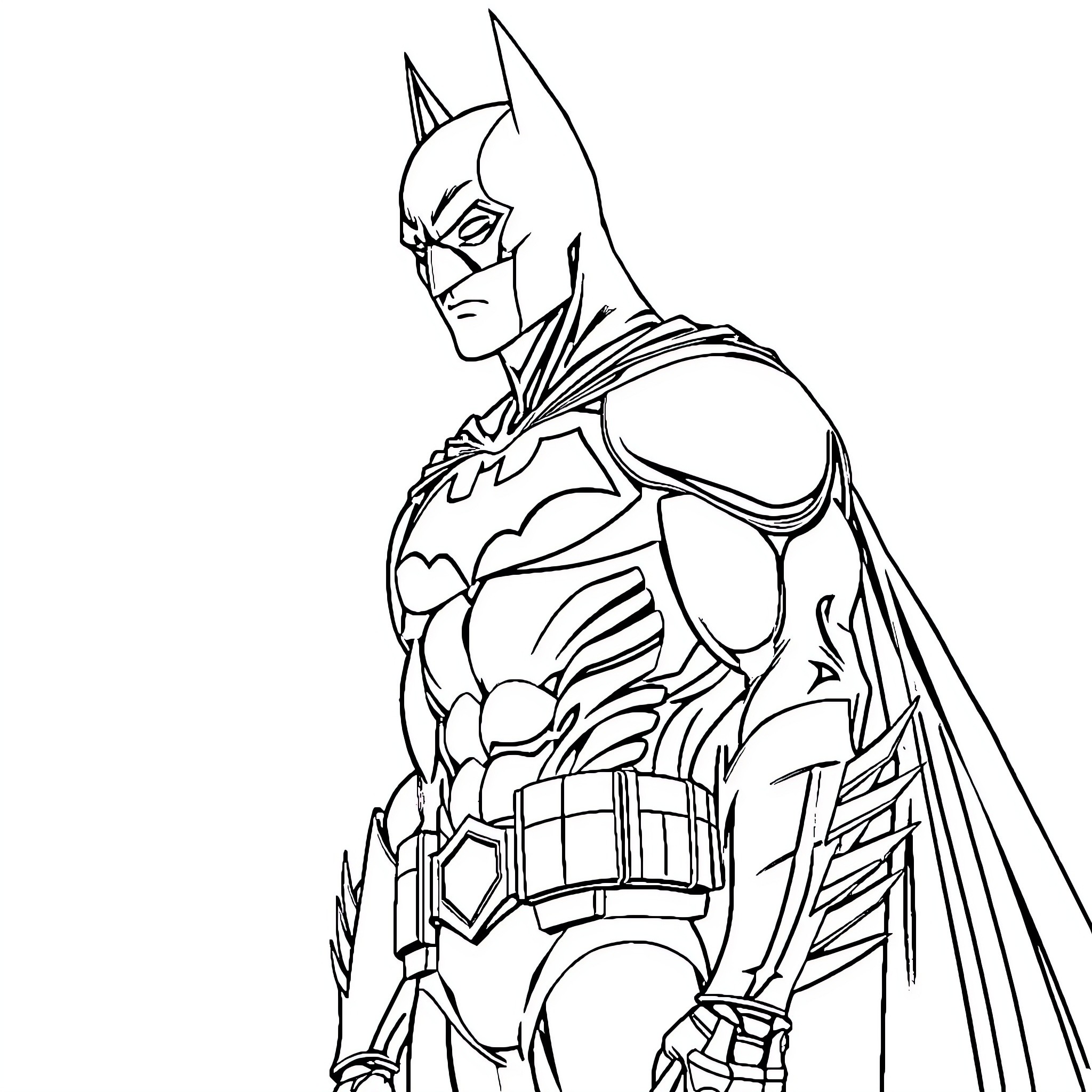 Batman in Heroic Pose with Detailed Costume Coloring Page (free black-and-white line drawing printable PDF for all, from beginners to advanced learners, including children, teens, adults, and seniors)