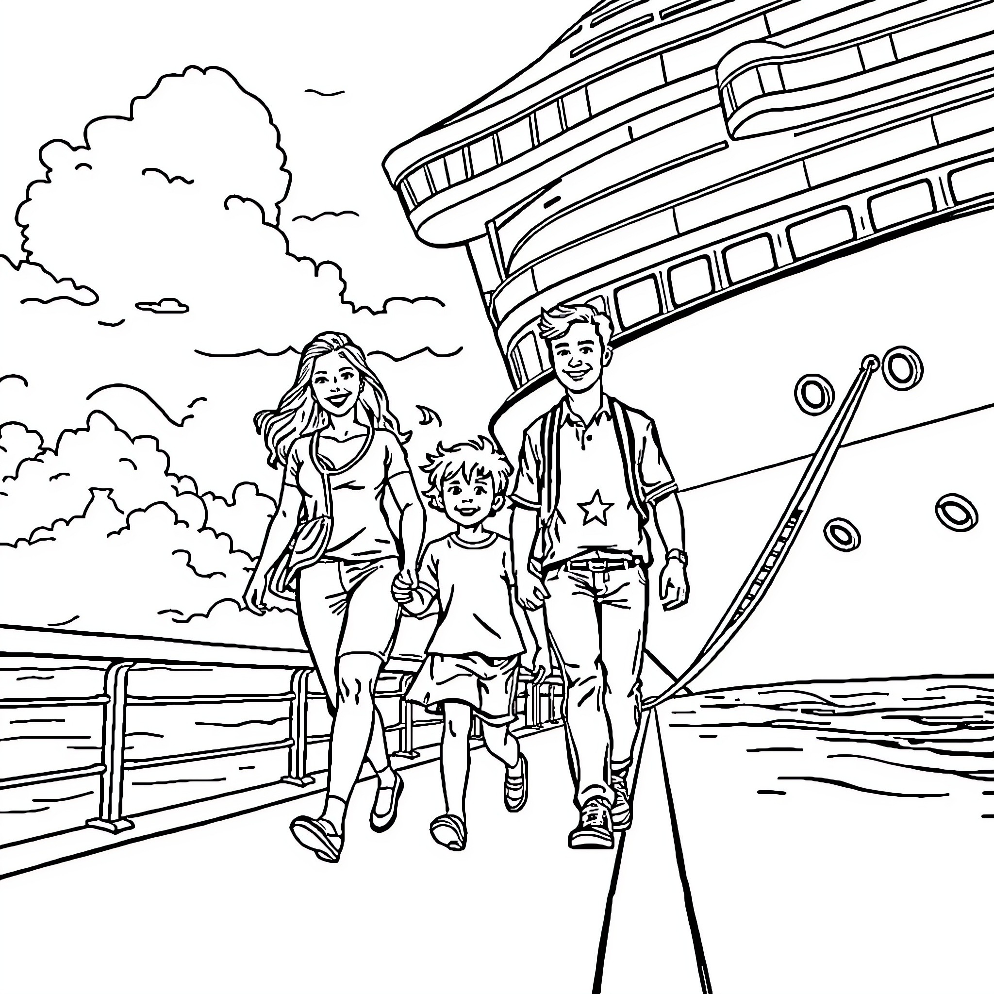 Family Outing at Coastal Boardwalk Coloring Page (free black-and-white line drawing printable PDF for all, from beginners to advanced learners, including children, teens, adults, and seniors)