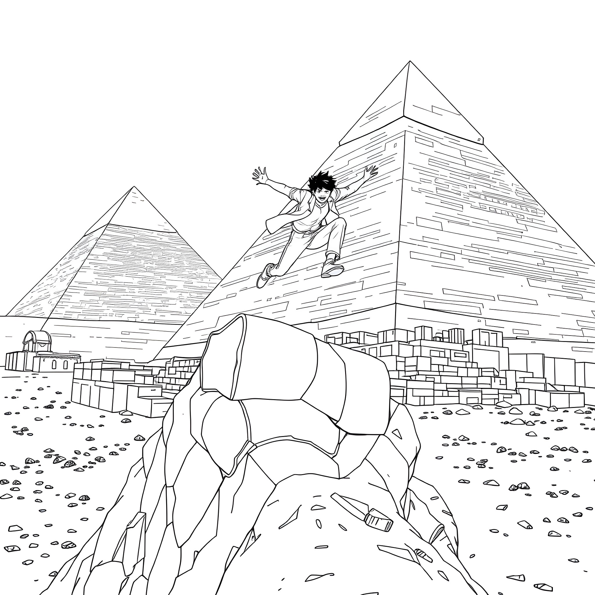 Hiro Nakamura running atop ancient Egyptian pyramids Coloring Page (free black-and-white line drawing printable PDF for all, from beginners to advanced learners, including children, teens, adults, and seniors)