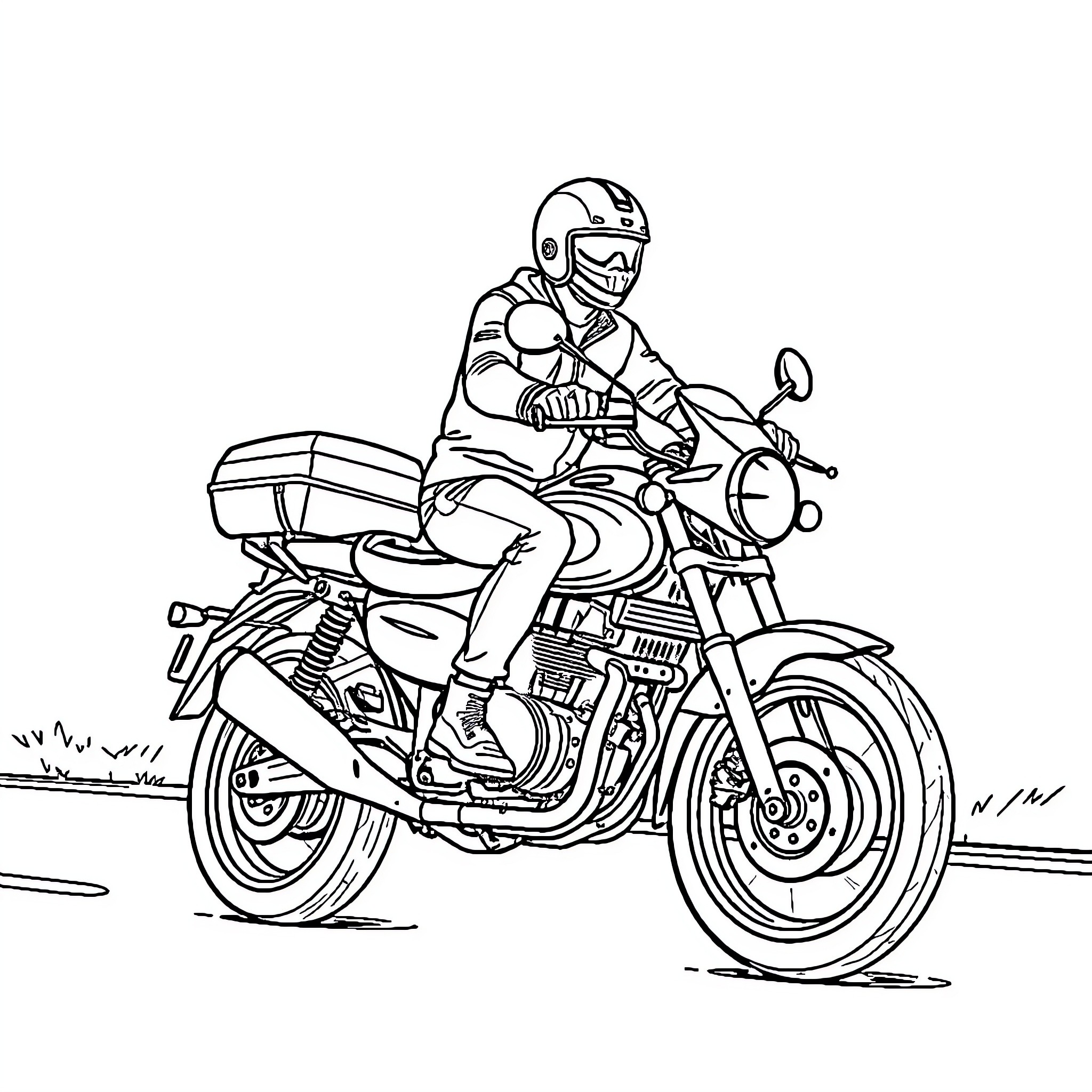 Motorcycle rider in gear on the road Coloring Page (free black-and-white line drawing printable PDF for all, from beginners to advanced learners, including children, teens, adults, and seniors)