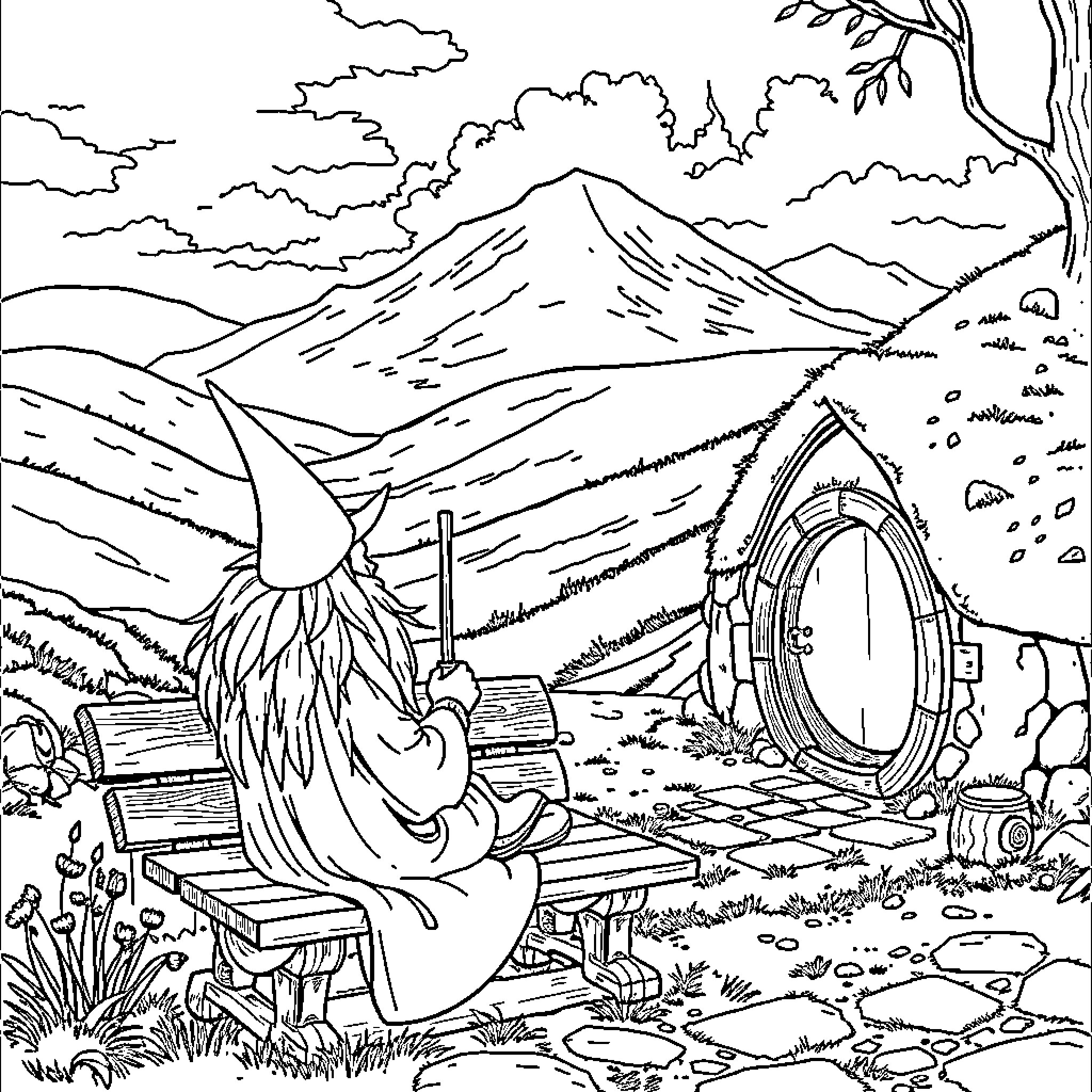 Gandalf's Tranquil Respite in Middle-earth's Picturesque Scenery Coloring Page (free black-and-white line drawing printable PDF for all, from beginners to advanced learners, including children, teens, adults, and seniors)