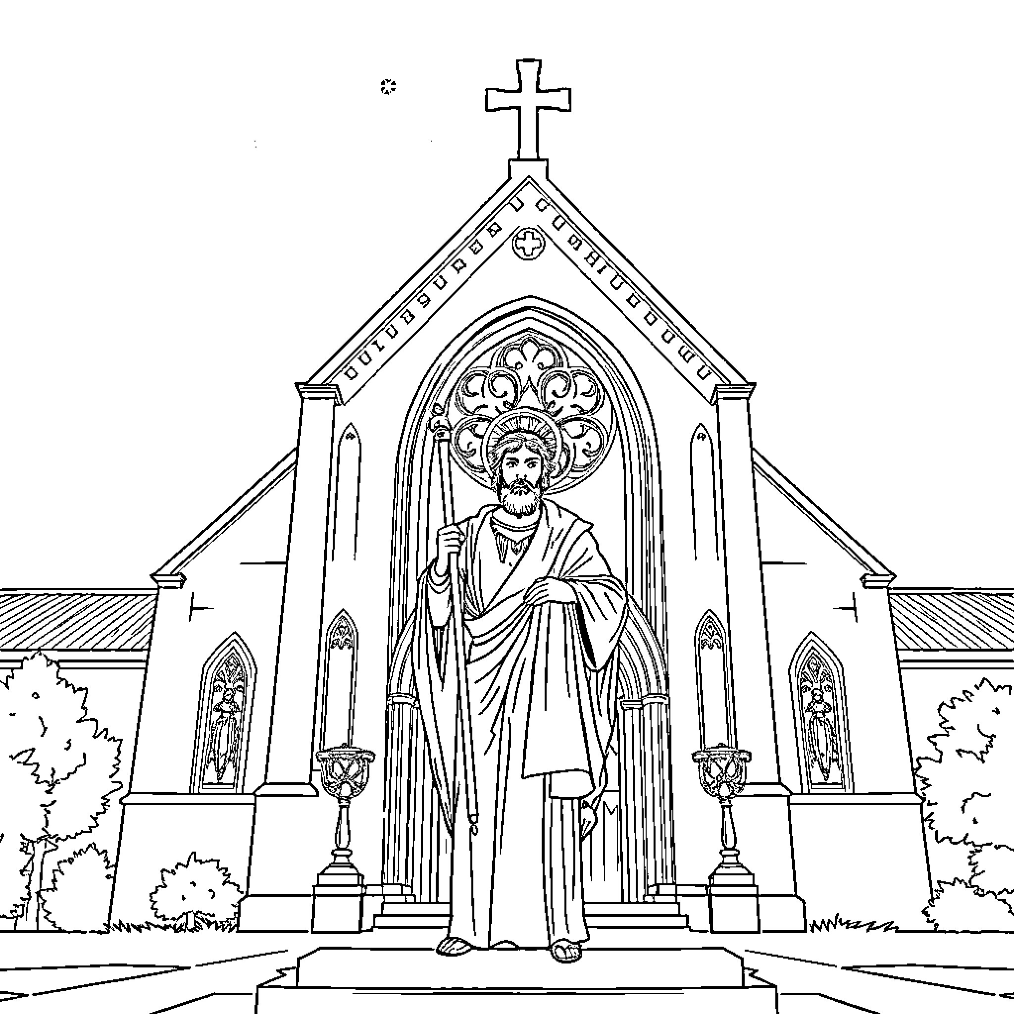 Saint Joseph in an ornate cathedral setting Coloring Page (free black-and-white line drawing printable PDF for all, from beginners to advanced learners, including children, teens, adults, and seniors)