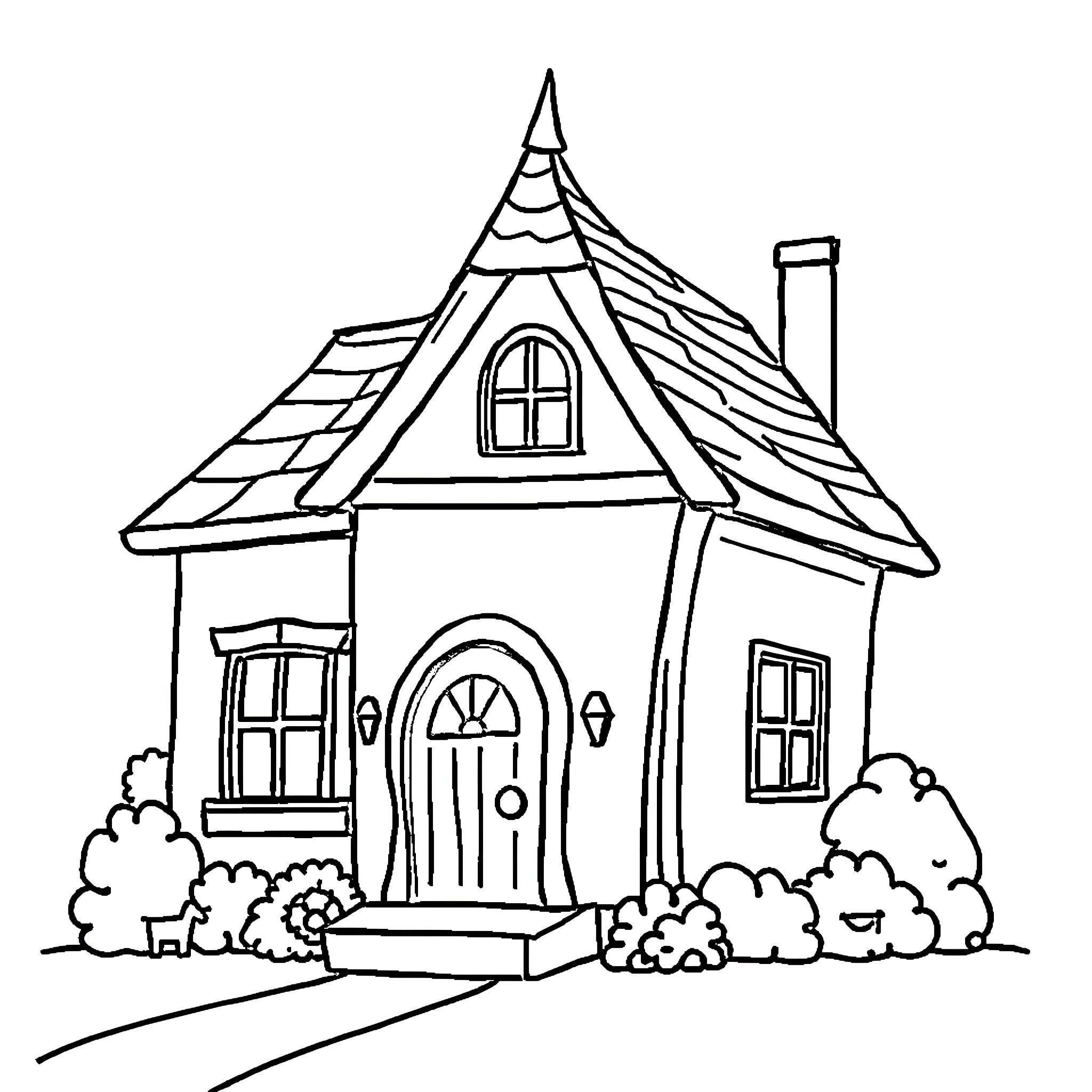 House with unique roof design and garden Coloring Page (free black-and-white line drawing printable PDF for all, from beginners to advanced learners, including children, teens, adults, and seniors)