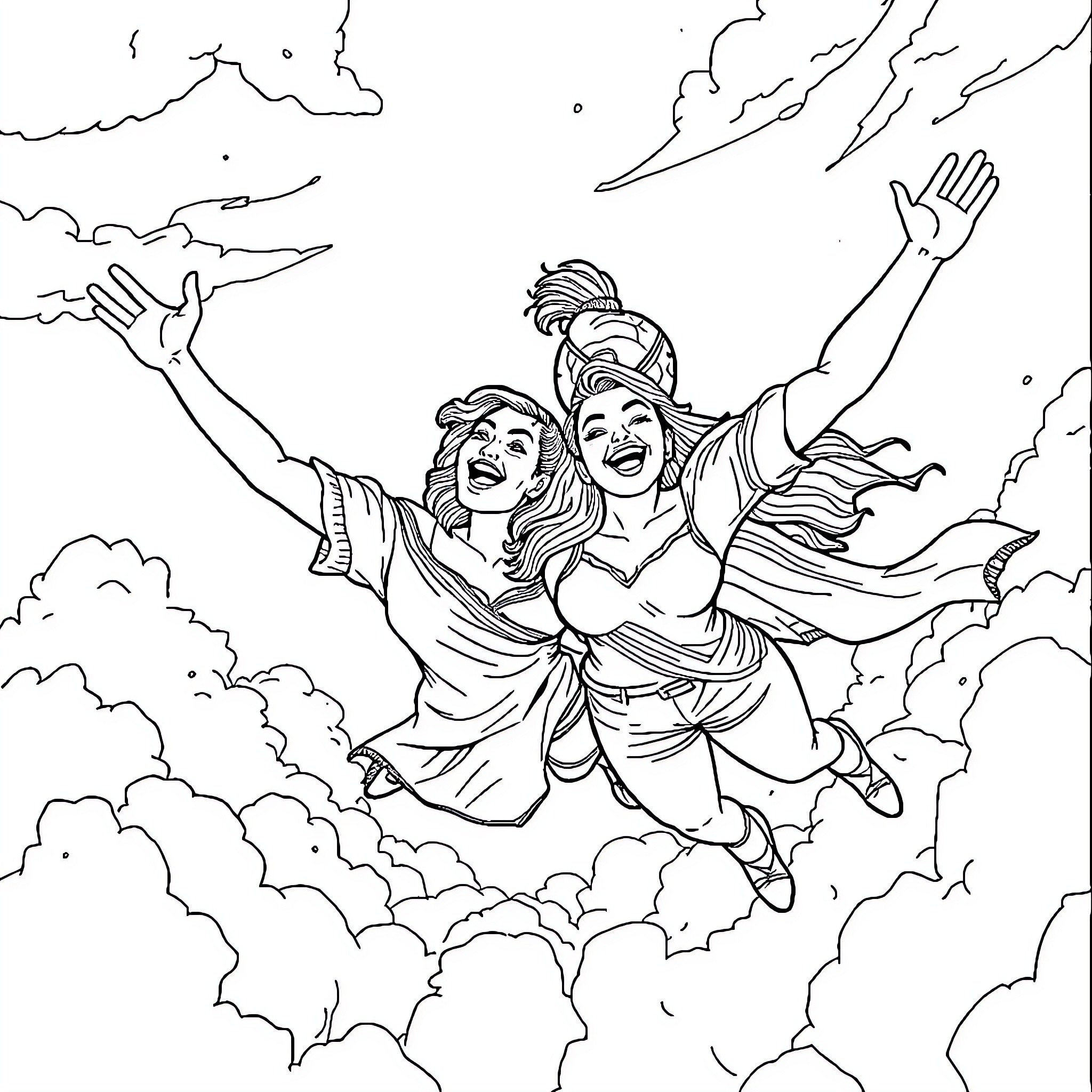 Latinos Celebrating in the Clouds Coloring Page (free black-and-white line drawing printable PDF for all, from beginners to advanced learners, including children, teens, adults, and seniors)