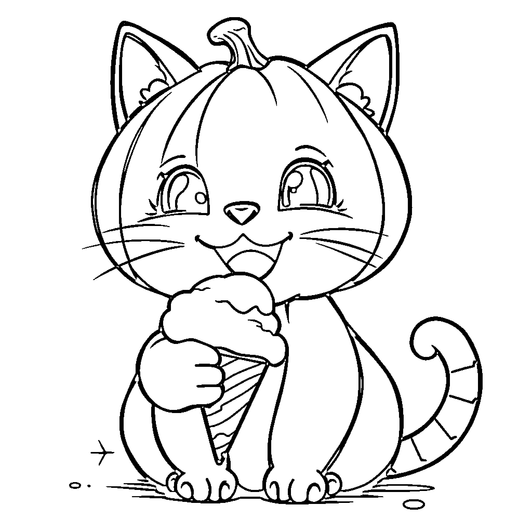 Pumpkin Cat enjoying an ice cream treat Coloring Page (free black-and-white line drawing printable PDF for all, from beginners to advanced learners, including children, teens, adults, and seniors)