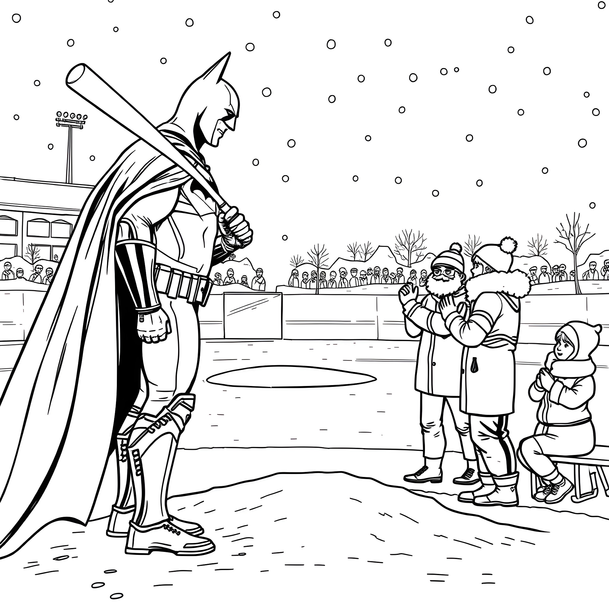 Batman confronts villains in a snowy town Coloring Page (free black-and-white line drawing printable PDF for all, from beginners to advanced learners, including children, teens, adults, and seniors)