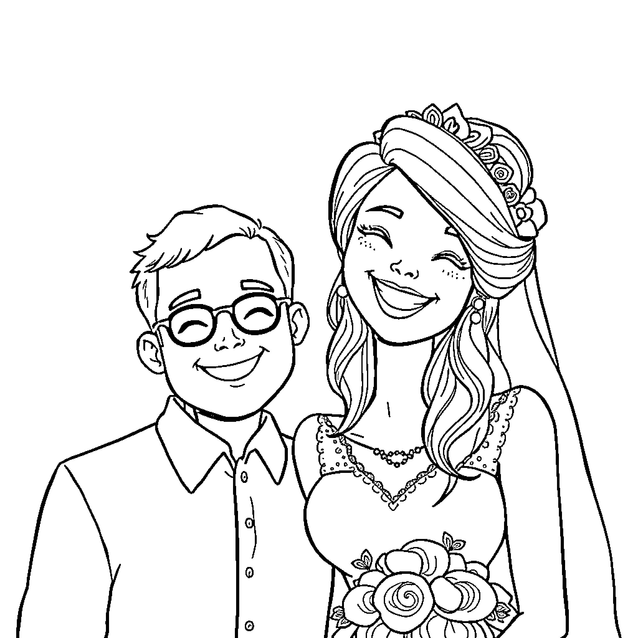 Marriage of happy couple in formal attire Coloring Page (free black-and-white line drawing printable PDF for all, from beginners to advanced learners, including children, teens, adults, and seniors)