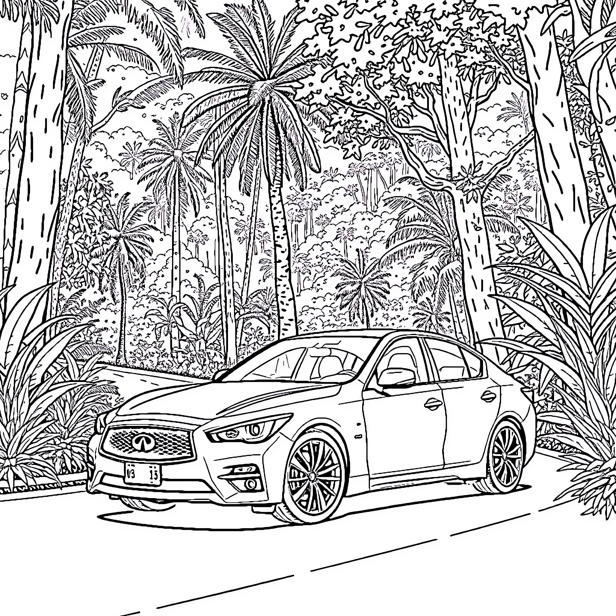 Infiniti Q50 parked in tropical forest Coloring Page (free black-and-white line drawing printable PDF for all, from beginners to advanced learners, including children, teens, adults, and seniors)