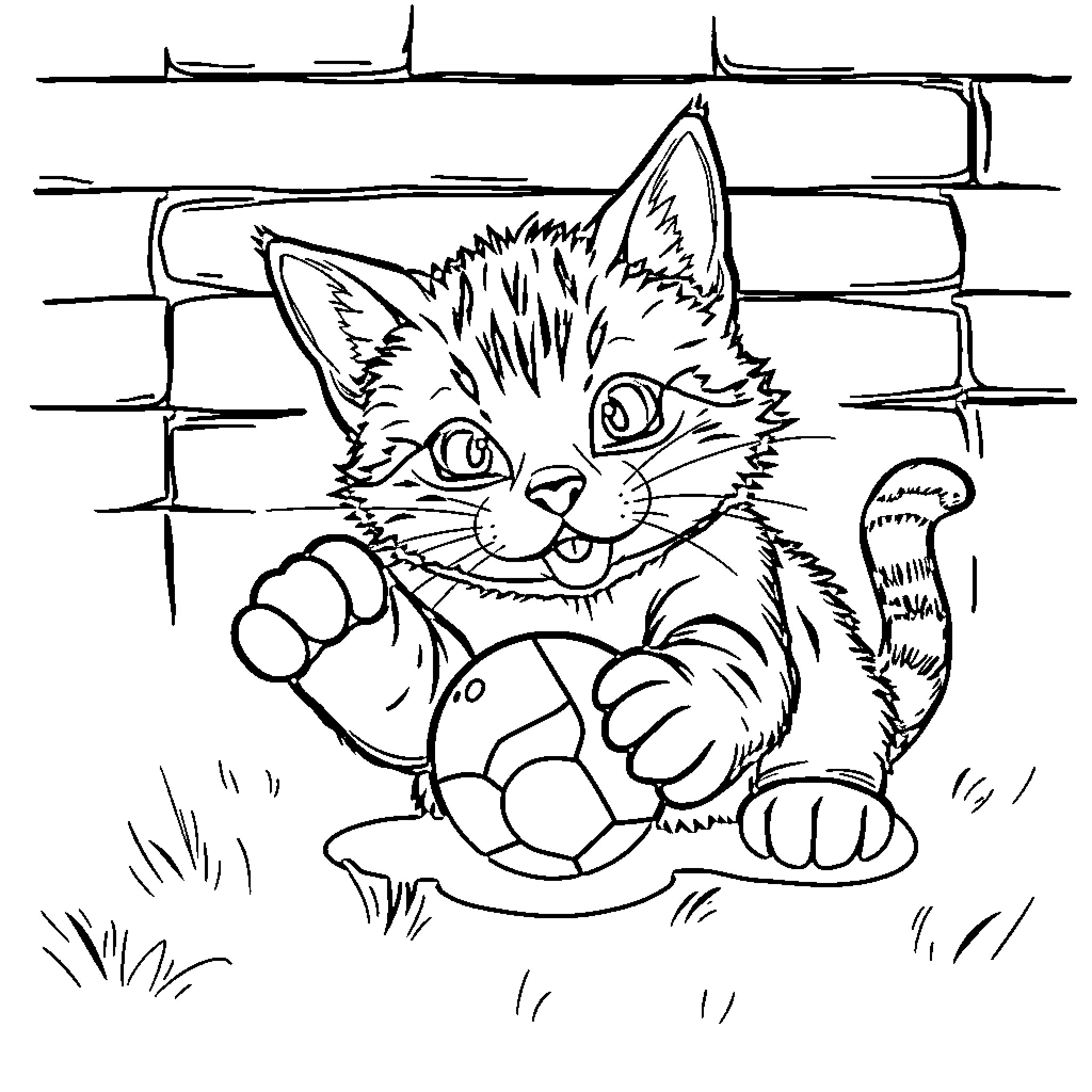 Cat playing with toy ball in backyard Coloring Page (free black-and-white line drawing printable PDF for all, from beginners to advanced learners, including children, teens, adults, and seniors)